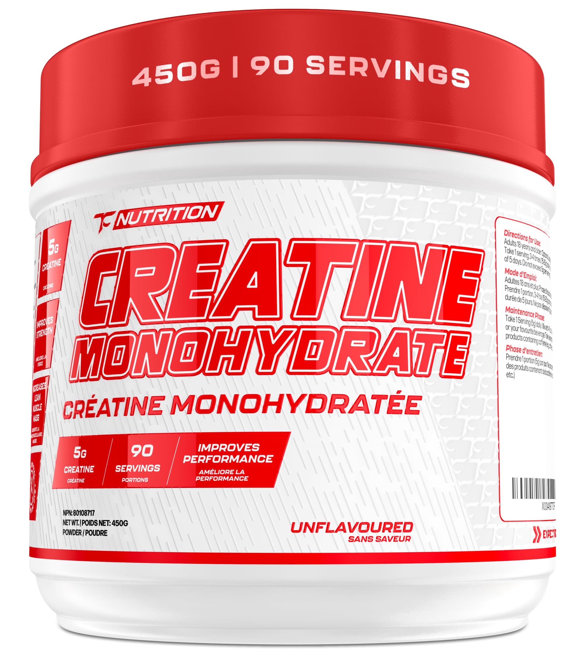 TC Nutrition Creatine Monohydrate Powder 90 Servings (450G) - 5g Per Serv of Unflavored Creatine Powder for Increased Strength, Muscle Growth, Improved Endurance and Performance Unflavored 10.58 Ounce (Pack of 1)