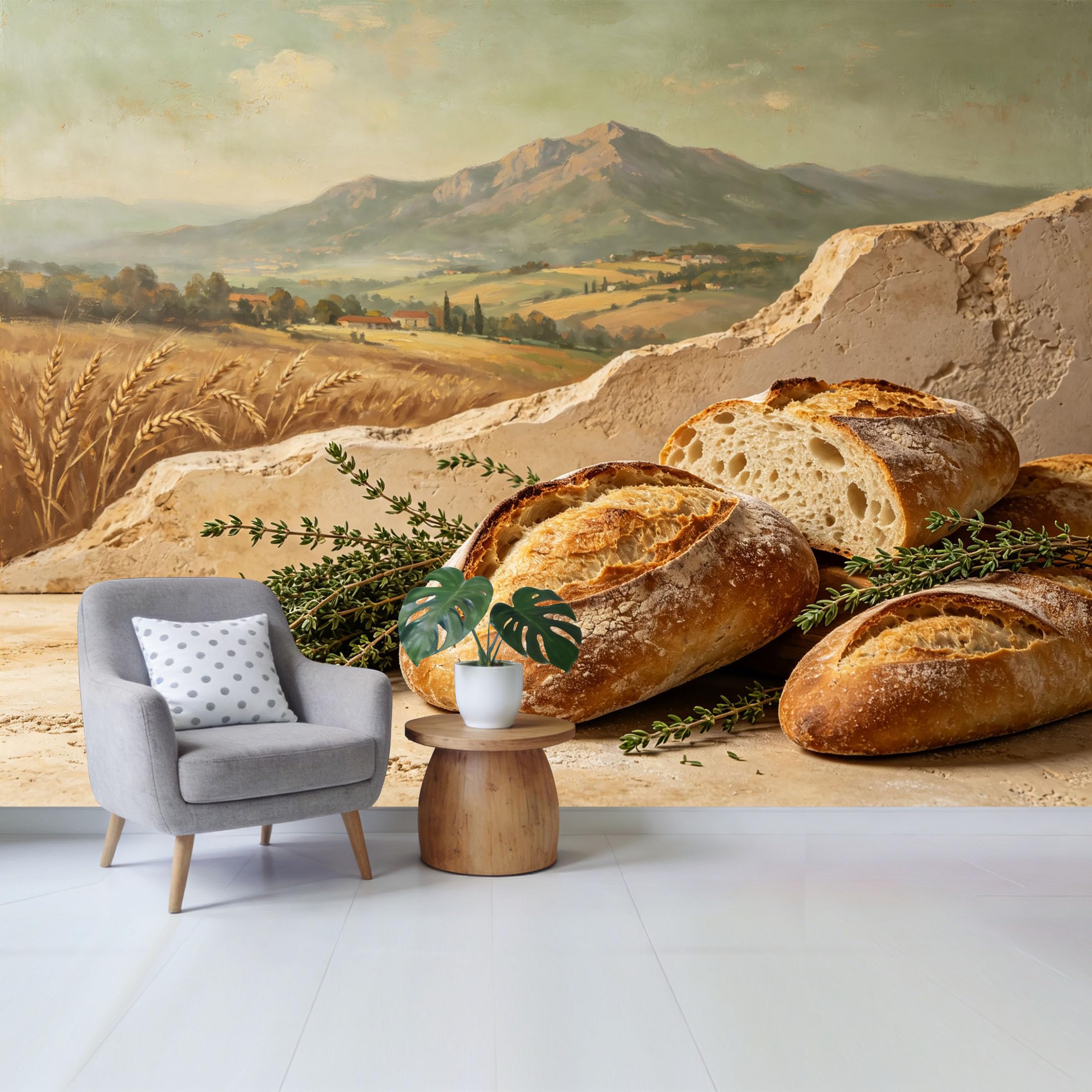 Qzlithotic Yq2605250454 Custom Size Wall Mural Rustic Bakery Bread Wheat Field Mountain Landscape Oil Painting Selfadhesive Wall Fabric Removable Wallpaper For Home Office Decor