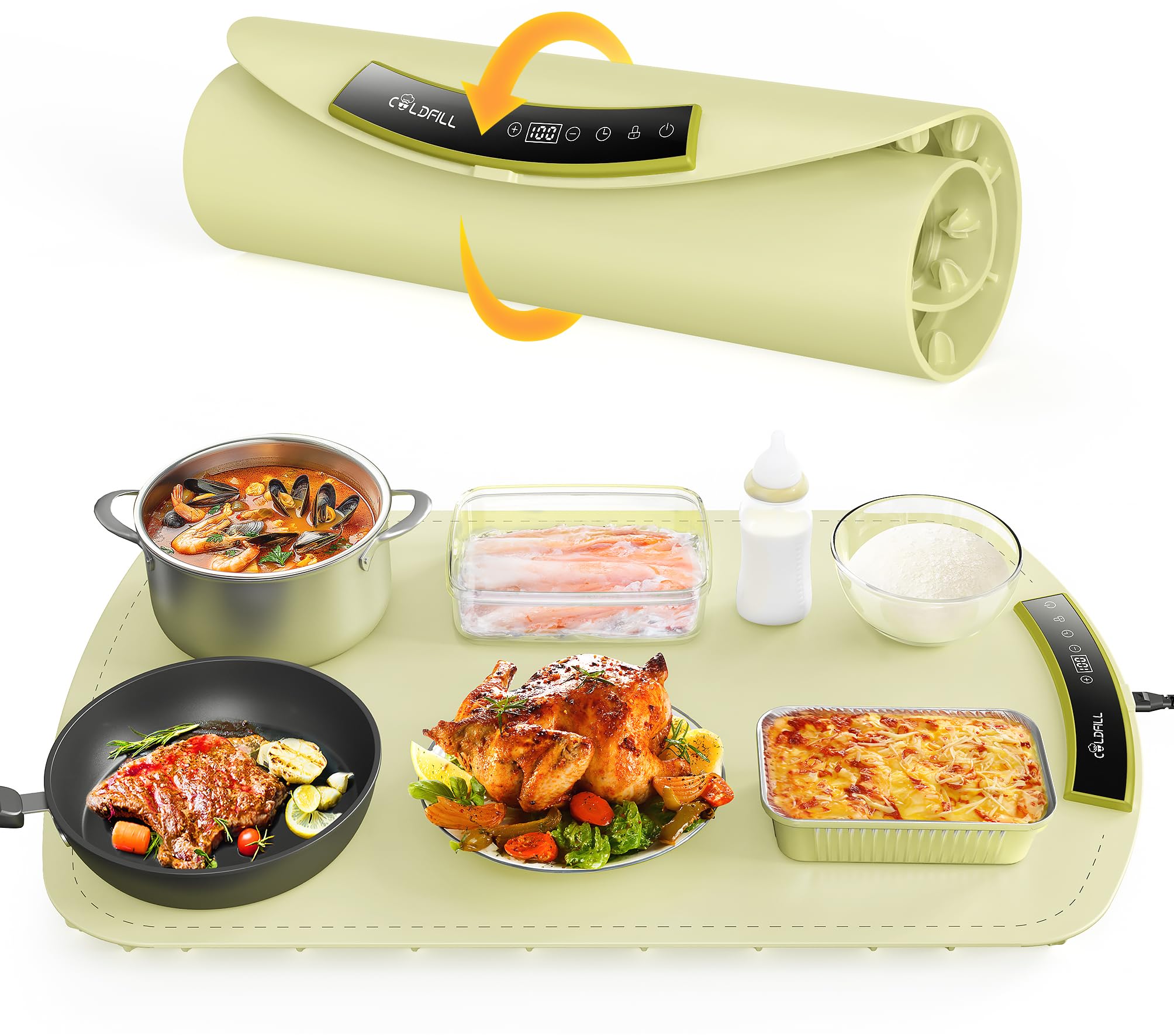 Food Warming Mat 23.6” x 15.7” – Electric Roll-Up Warming Tray with 8 Temperature Levels & 4h Timer, Fast Heating Waterproof Silicone Food Warmer for Parties, Office, Dinner & Sabbath Use