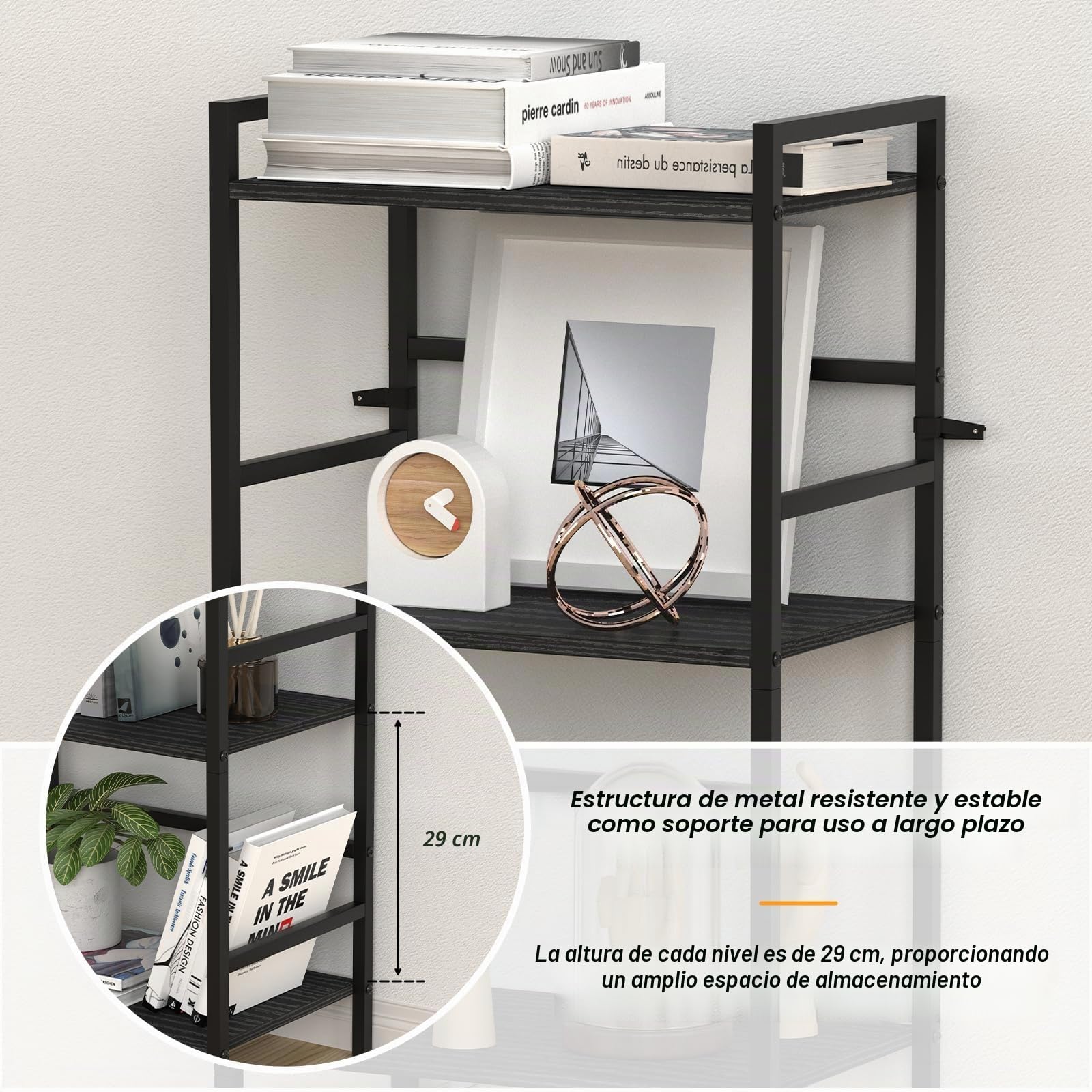 CADUKE Estantería de 5 Niveles, Gran Librero Negro con Almacenamiento Abierto, Estructura de Madera y Metal, Estante de Estilo Industrial para Sala, Dormitorio, Oficina, 43 x 28 x 134 cm