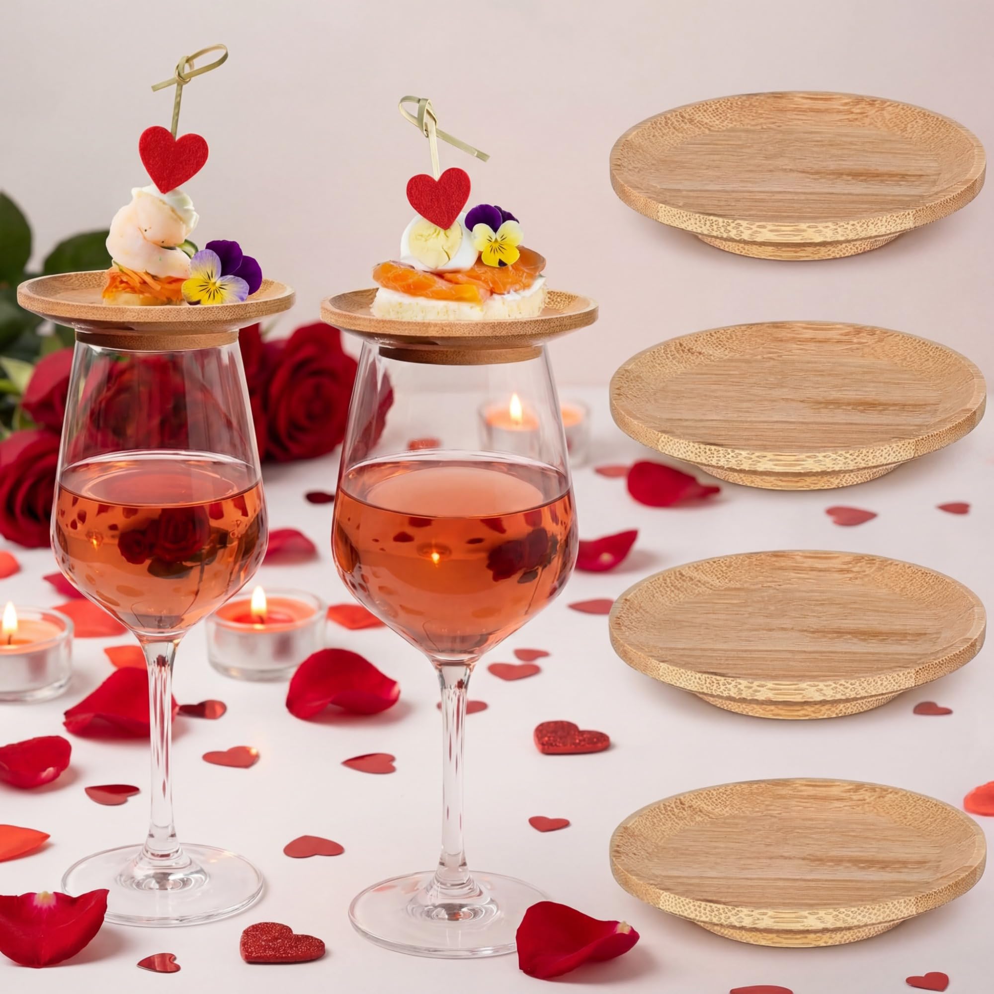 Tessco 4 Pcs 4" Wine Glass Charcuterie Topper Bamboo Round Wine Glass Charcuterie Board Dual Use Cups Topper Appetizer Plates for Christmas Party