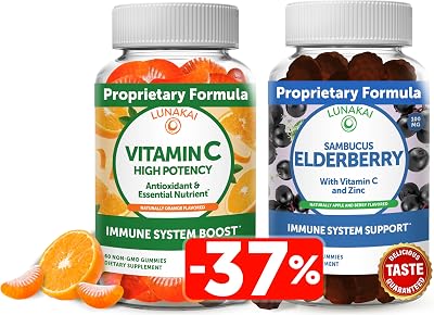 Lunakai Vitamin C and Elderberry Gummies Bundle for Adults and Kids - Organic VIT C Vegan Chewable Gummy Vitamins - Immune Support - Vegan, Non-GMO, No Corn Syrup, Gelatin Free, All Natural