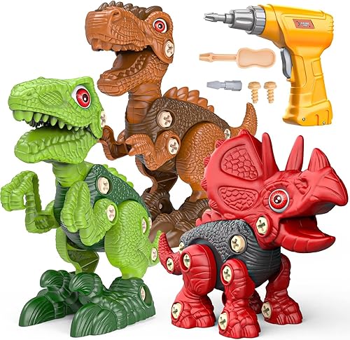 Sanlebi Juguetes de dinosaurio desmontables para niños de 4, 5, 6, 7 años, juego de juguetes de construcción con taladro eléctrico, kit de juego de
