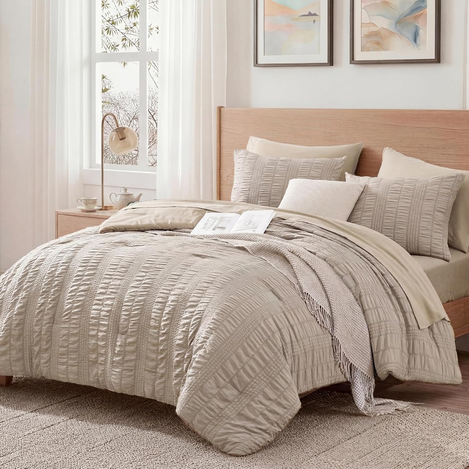 CASAAGUSTO Full Size Comforter Set, 7 Pieces Oatmeal Seersucker Bed in a Bag Full Size Soft All Seasons, Bedding Sets Full with Comforter, Flat Sheet, Fitted Sheet, 2 Pillow Shams, 2 Pillowcases