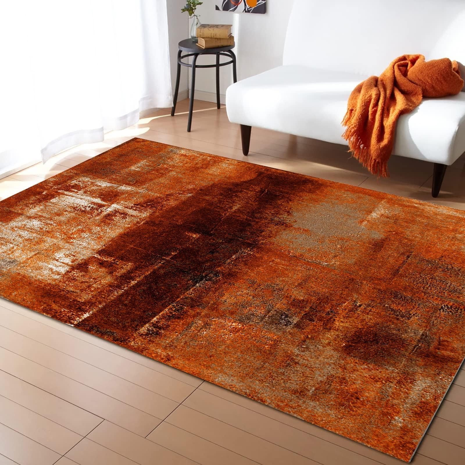 Burnt Old Orange Abstract Painting Art Area Rug, Retro Farmhouse Country Oil Painting Style Decorative Rug, with Anti-Slip Easy Clean Carpet, for