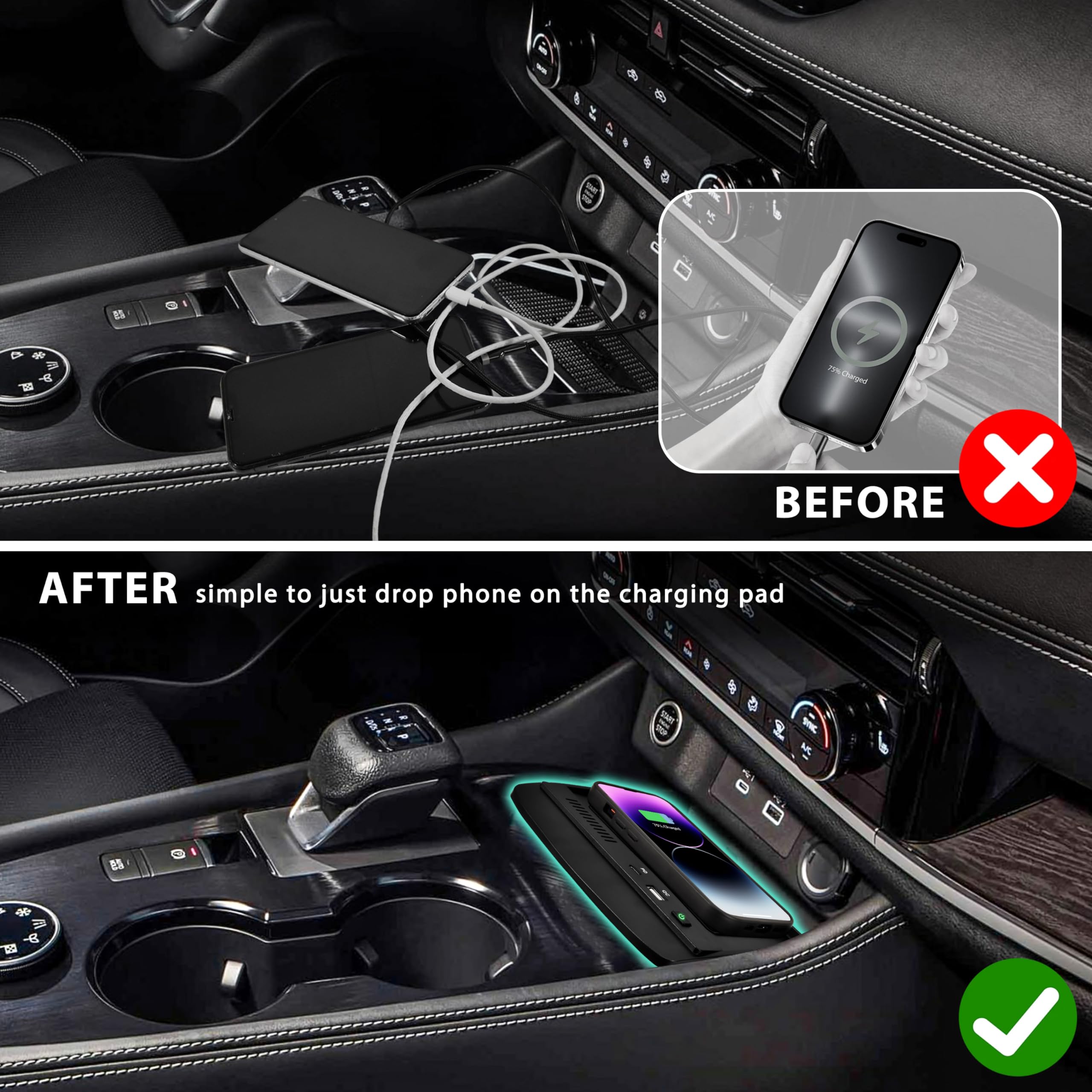 Cargador inalámbrico de coche para consola central de carga para Nissan Rogue 2021-2024, accesorios