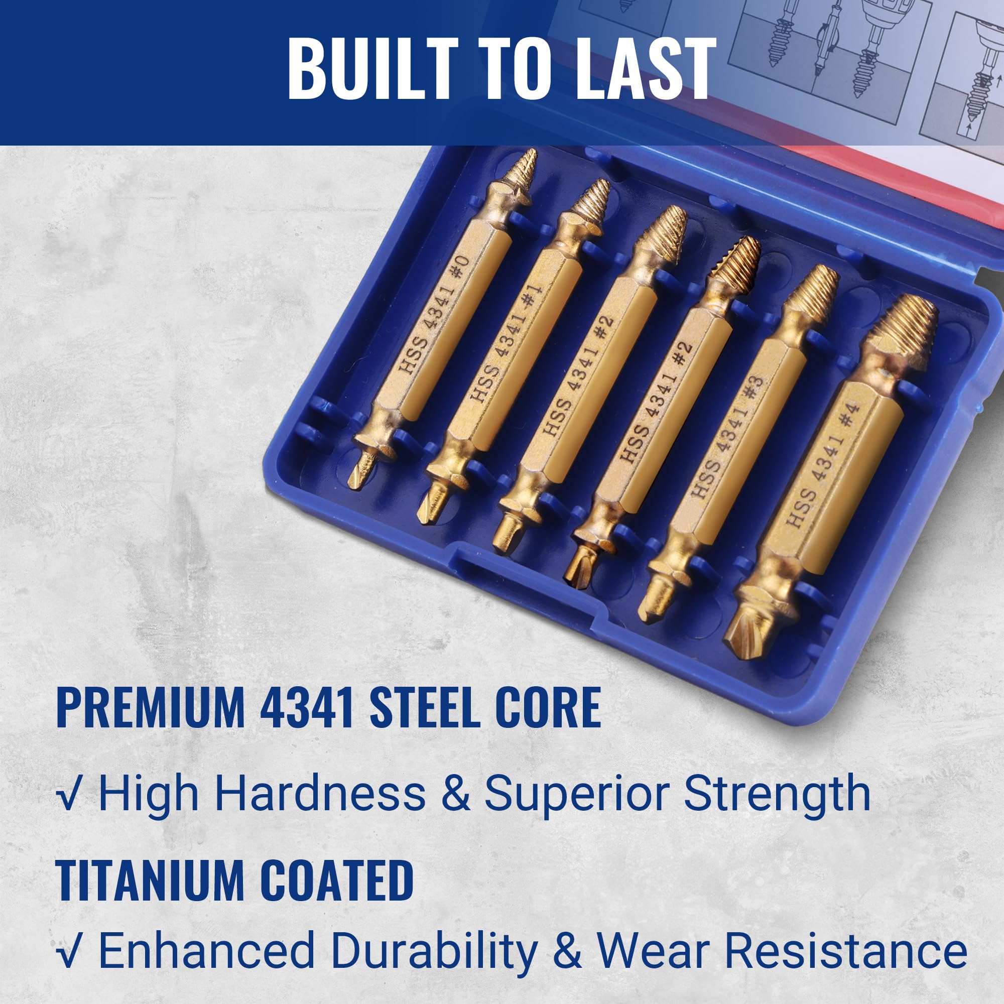 WORKPRO 6-Piece Damaged Screw Extractor Set, Titanium Coated Broken Bolt Screw Remover and Extractors - Image 4