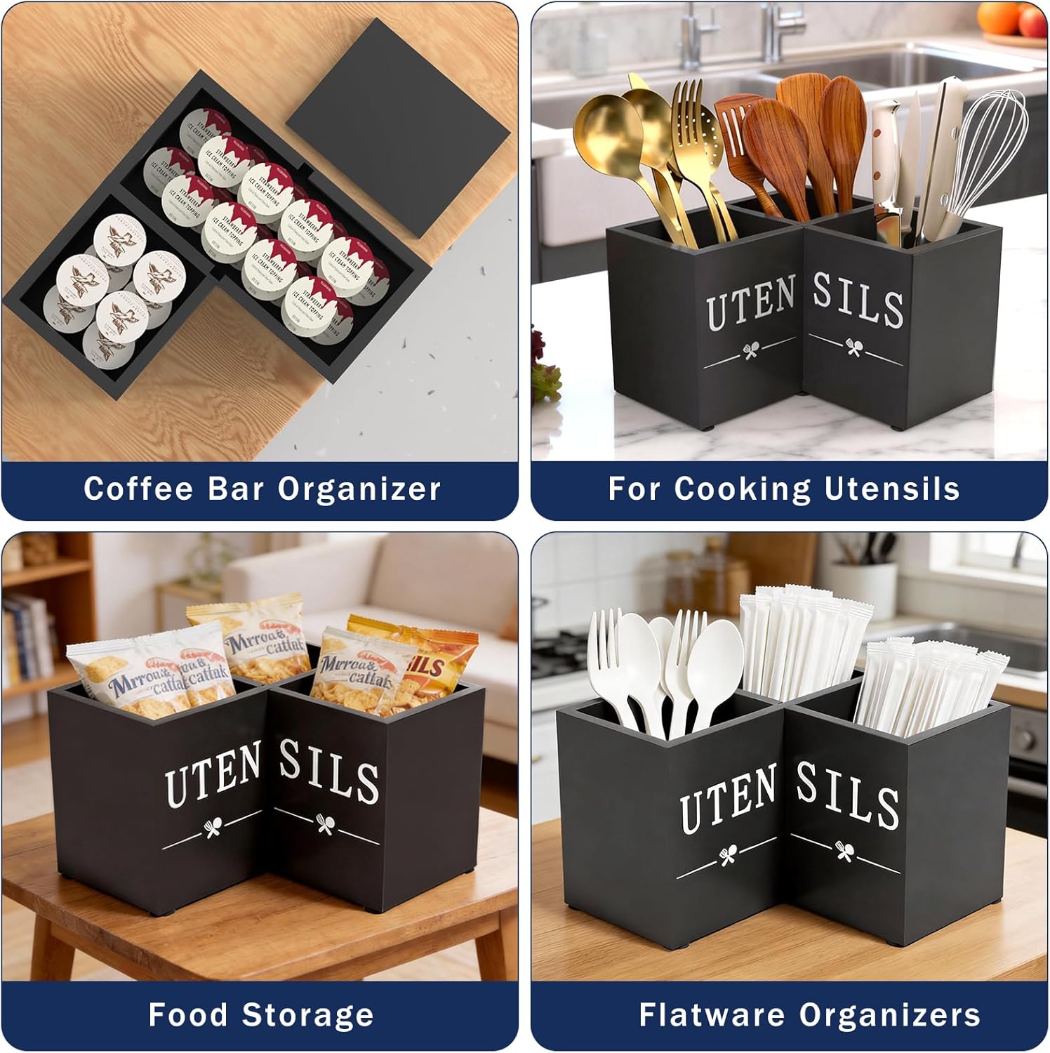 Natheeph Utensil Holder, Kitchen Utensil Holder for Counter, Extra Large Utensil Holder w/ 3-Compartment, Farmhouse Black Utensil Holder with Well-made Wood for Corner Organizer, Housewarming Gift