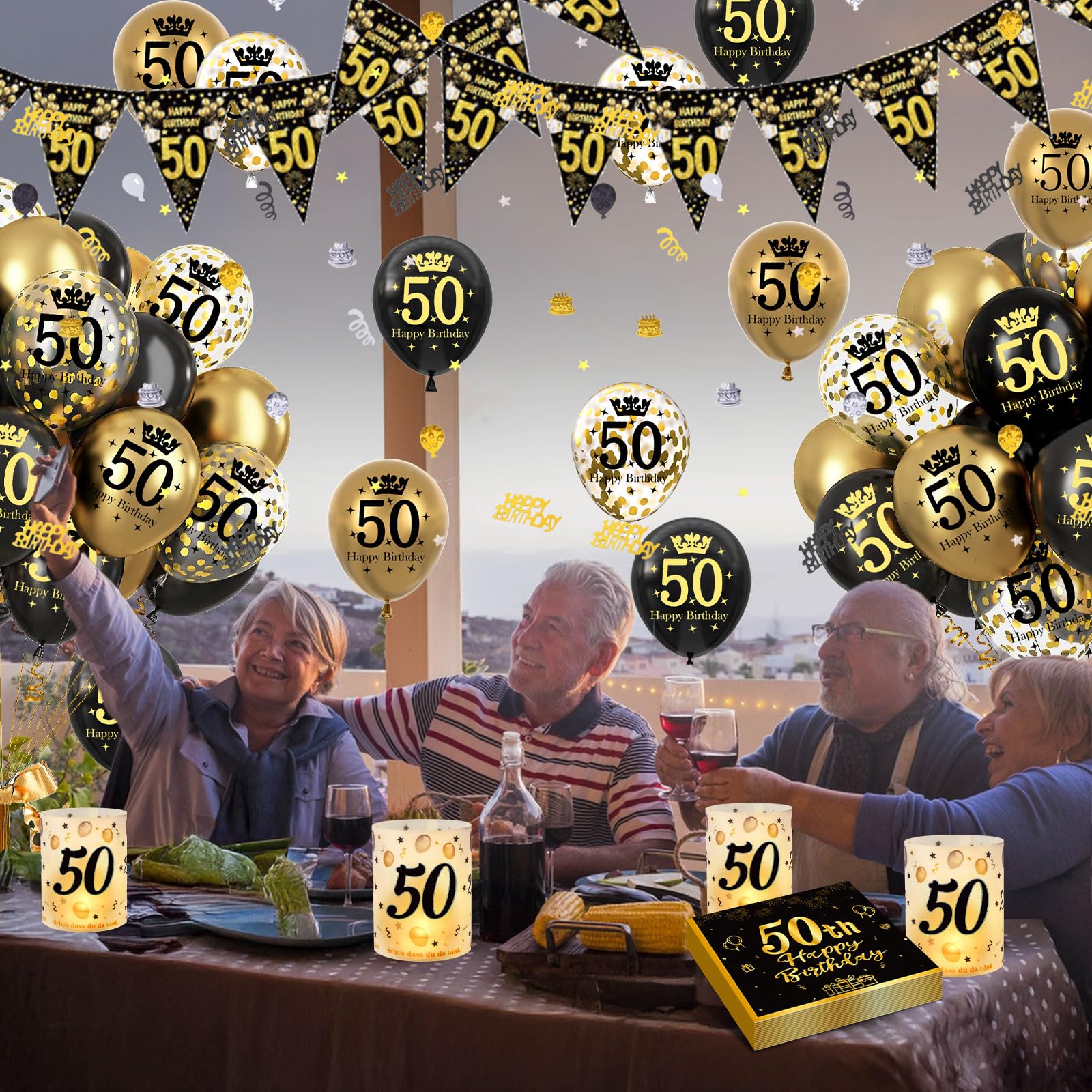 MIEWAA 50. Geburtstag Deko Set – Mit Happy Birthday Banner, Großer Zahl 50 Folienballon, Sternballons & Konfetti-Ballons In Grün-Gold-Weiß