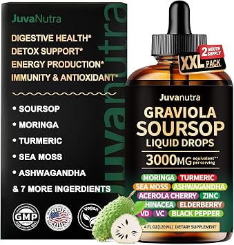 4 Fl Oz Soursop Bitters Liquid Drops 12 in 1 with Sea Moss, Moringa, Turmeric, Echinacea & Ashwagandha Extract - Herbal Tonic for Digestive Wellness & Immune Support