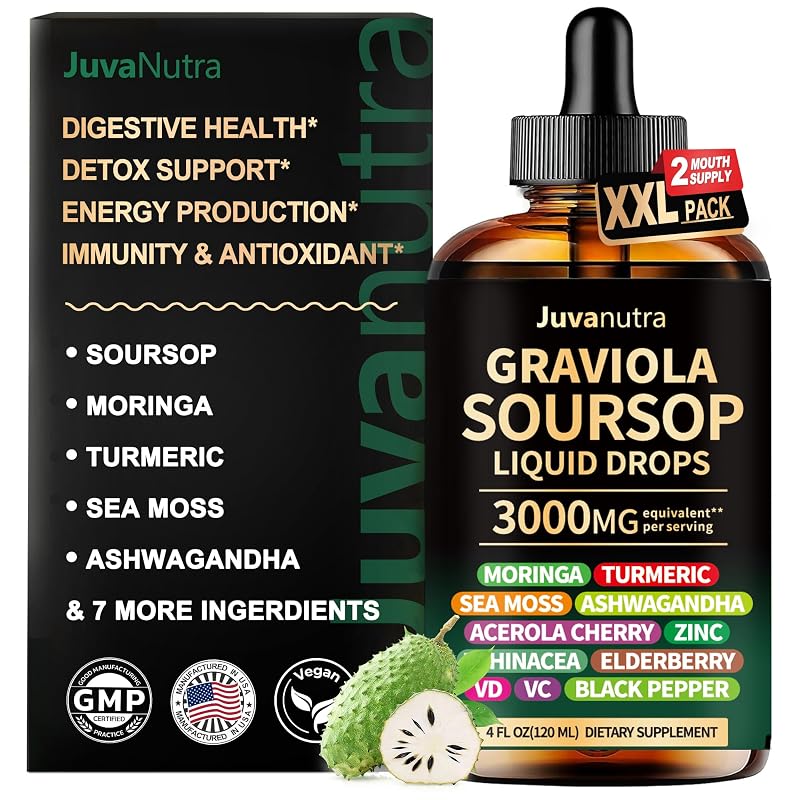 JuvaNutra Suplemento Herbal Líquido de Graviola com Musgo-marinho, Moringa, Cúrcuma, Equinácea e Ashwagandha 120 mL