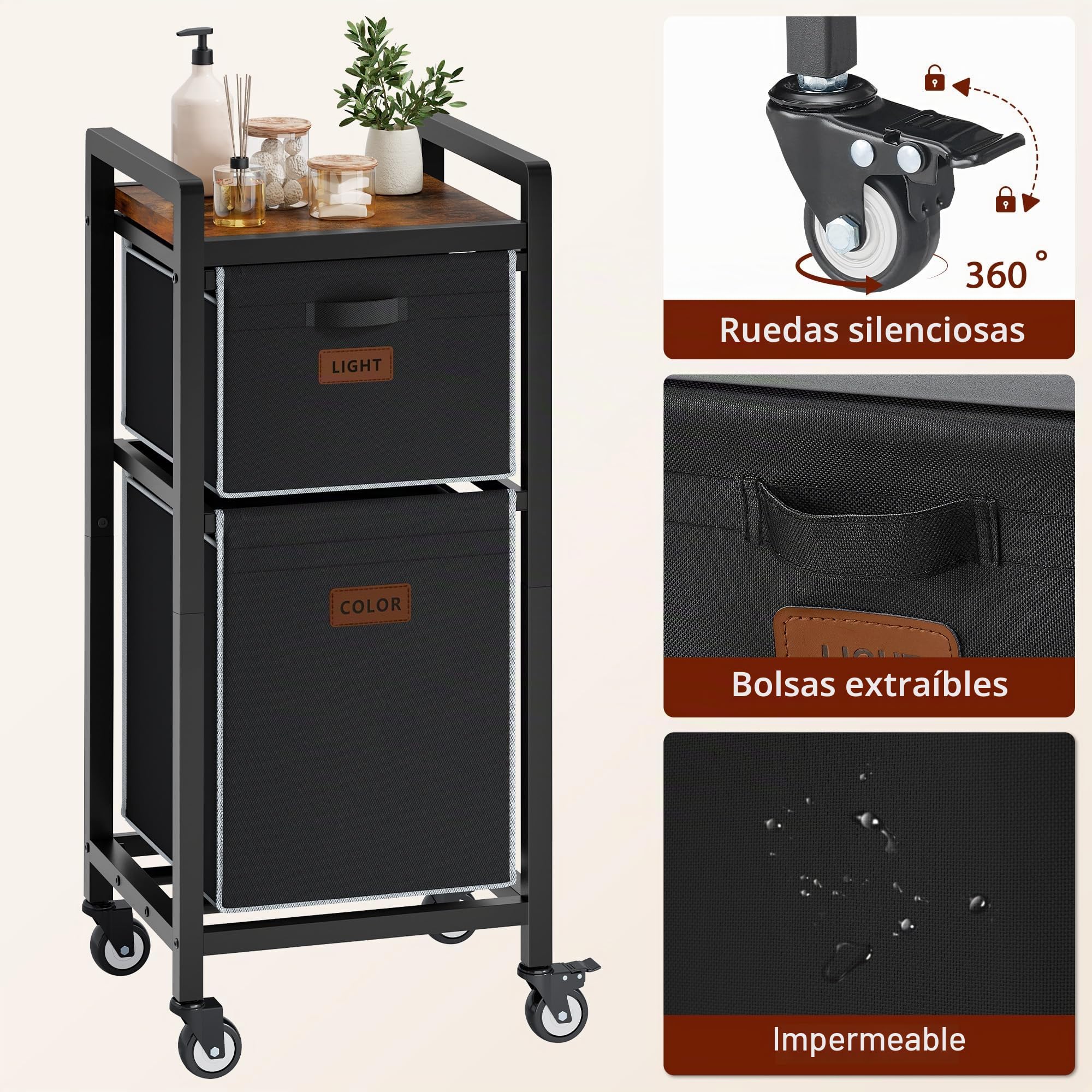 FAVOOSTY Cesto para Ropa Sucia, 2 Compartimentos, 70L, Cesta de Colada con Tablero Superior y Ruedas, Marco Metálico, Cesto Colada para Dormitorio, Baño, Dormitorio, Lavandería, Negro