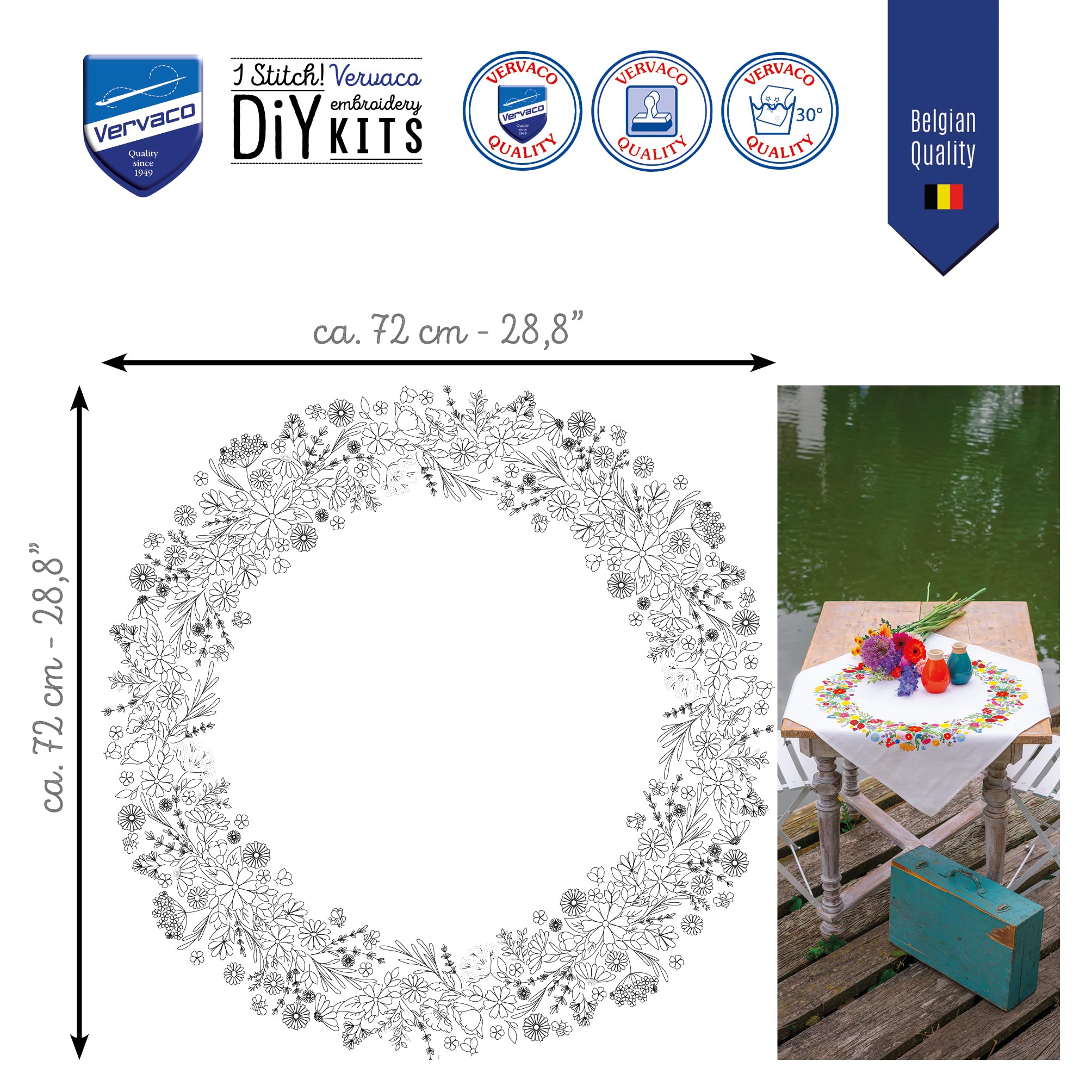 VERVACO Zestaw do Haftu Obrusu z Nadrukiem Zestaw do Haftu Obrusu Haft Płaski KOLOROWY ŚWIAT KWIATÓW Zestaw Kreatywny dla Dorosłych 72 x 72 cm DIY Dekoracja Stołu ze Zmywalnym Wzorem Emrboidery Kit