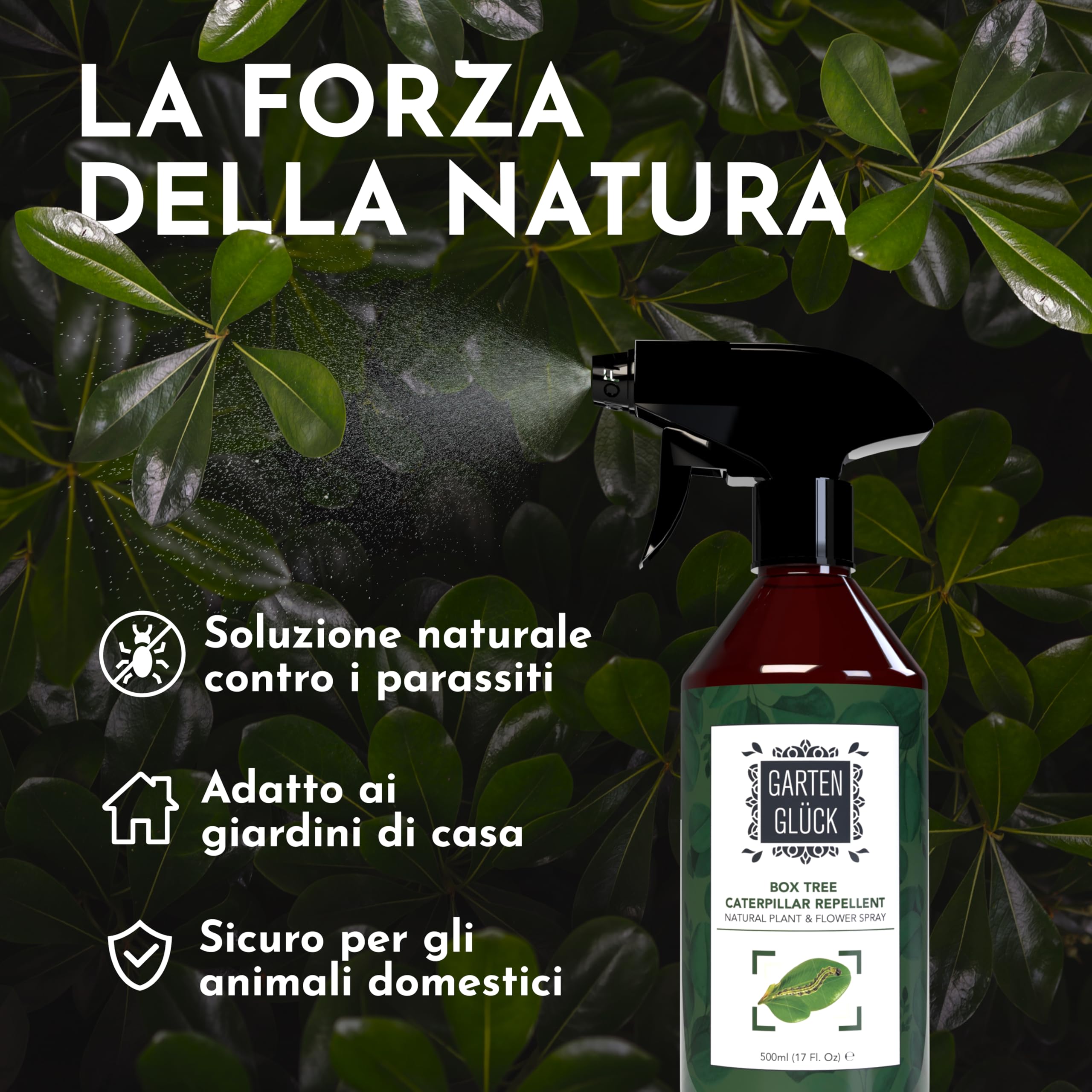 Spray Antiparassitario Piante -500ml- Contro Piralide del Bosso, Bruchi, Larve e Afidi - Protezione Naturale per Bosso, Siepi, Rose e Orto - Con Olio di Timo e Olio di Citronella