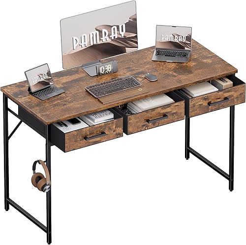 Pamray Escritorio pequeño de computadora de 47 pulgadas con 3 cajones para dormitorio, estudio, escritura, mesa de oficina en casa para espacios