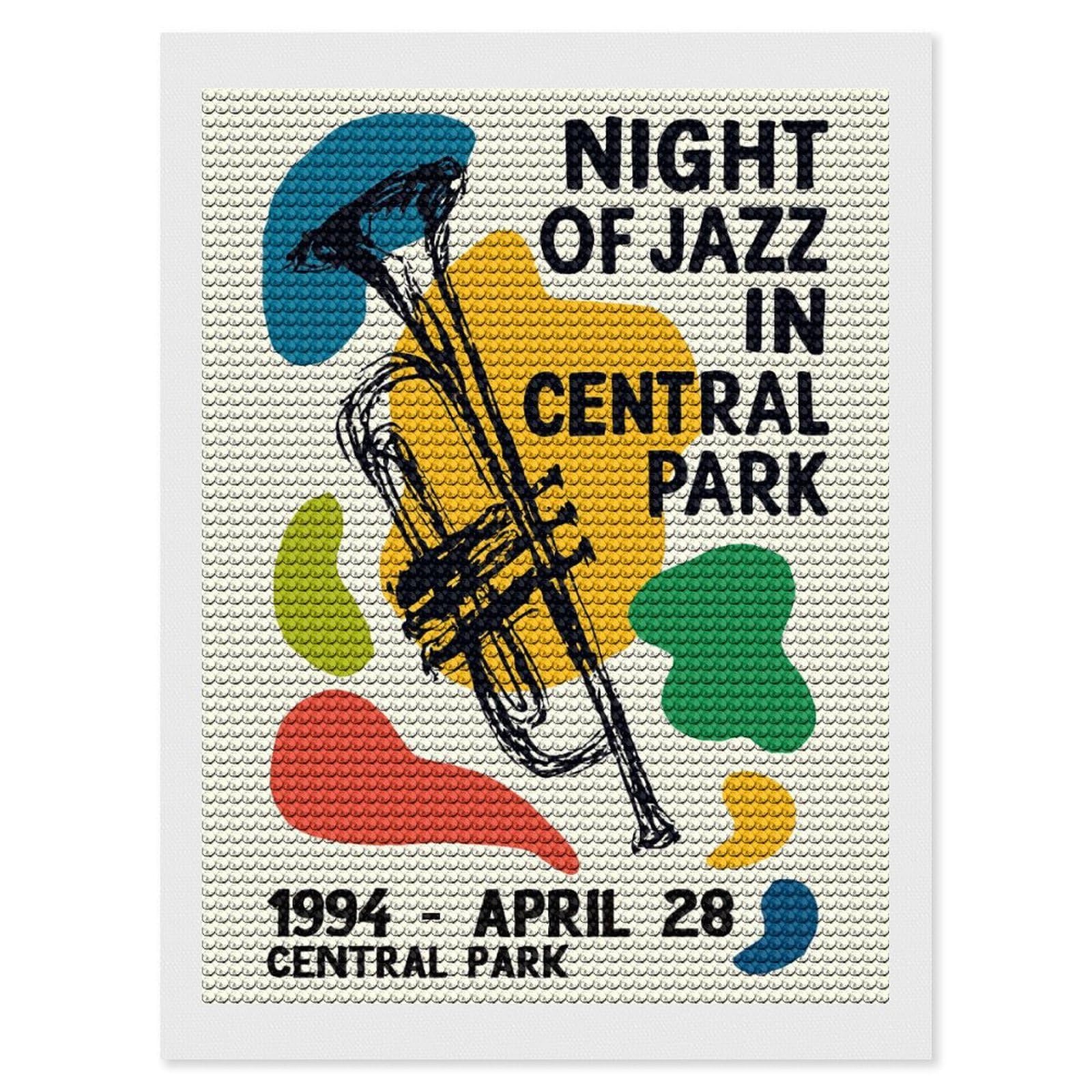 Junmoney Night of Jazz in Central Park Diamond Painting Set 12"x16", Modern Decor, for Beginners, Printed Canvas, Thoughtful Handmade Gift, with Tool Kit