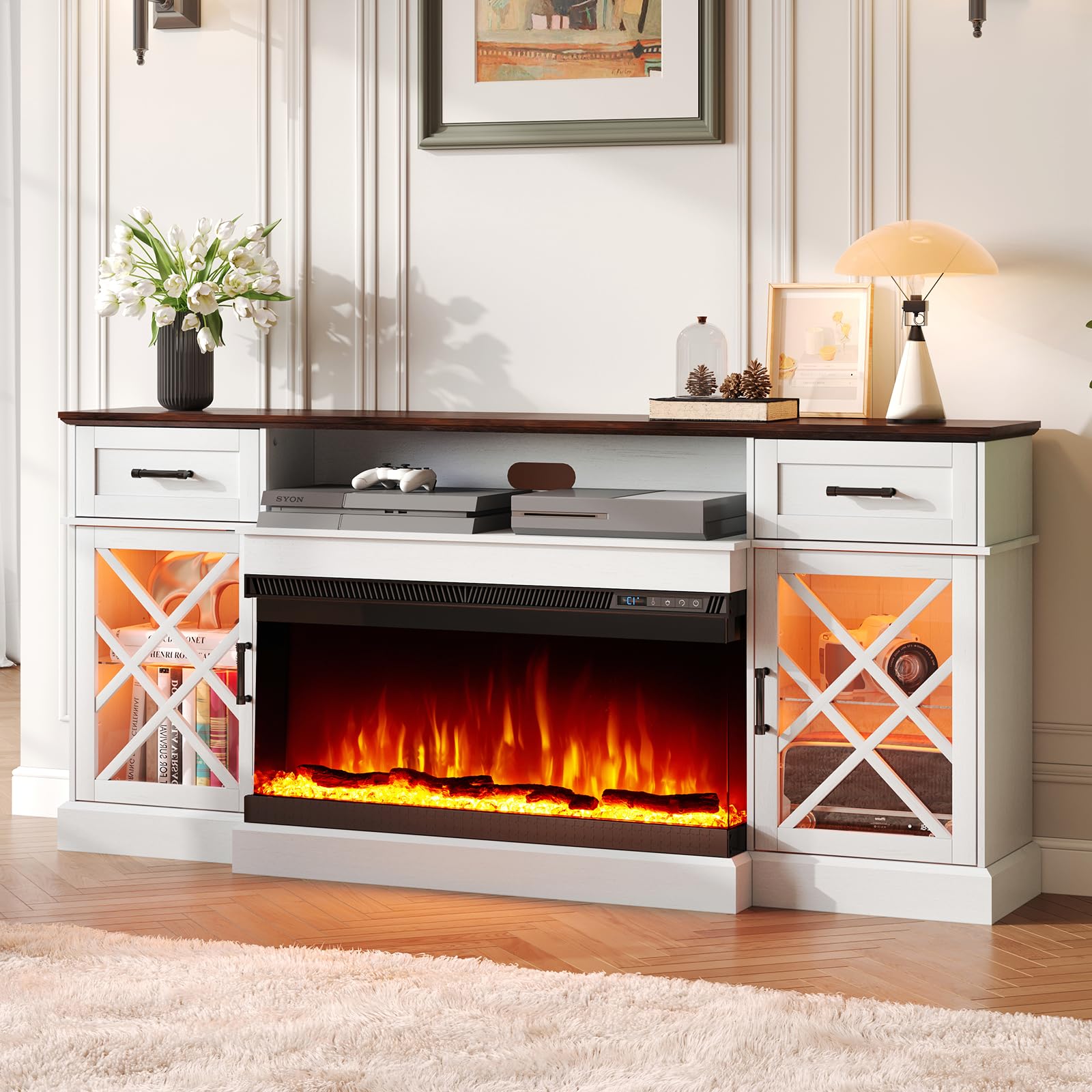 3-Sided Farmhouse LED Fireplace TV Stand, 70" Large Entertainment Center Glass Doors for TVs up to 80", Modern Wood Grain High-Gloss TV Storage Cabinet for Living Room, Antique White