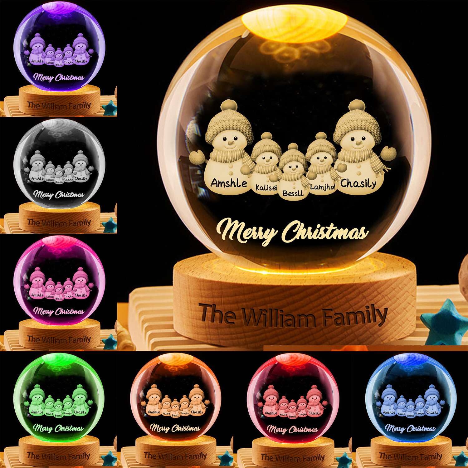 Personalized Christmas Family Snowman Snow Globe with Light, Custom Family Name Snowman Crystal Ball Christmas Night Light for Home Decor Desk Lamp,Xmas Snowman Gifts for Kids Mom Dad (crystal ball 2)