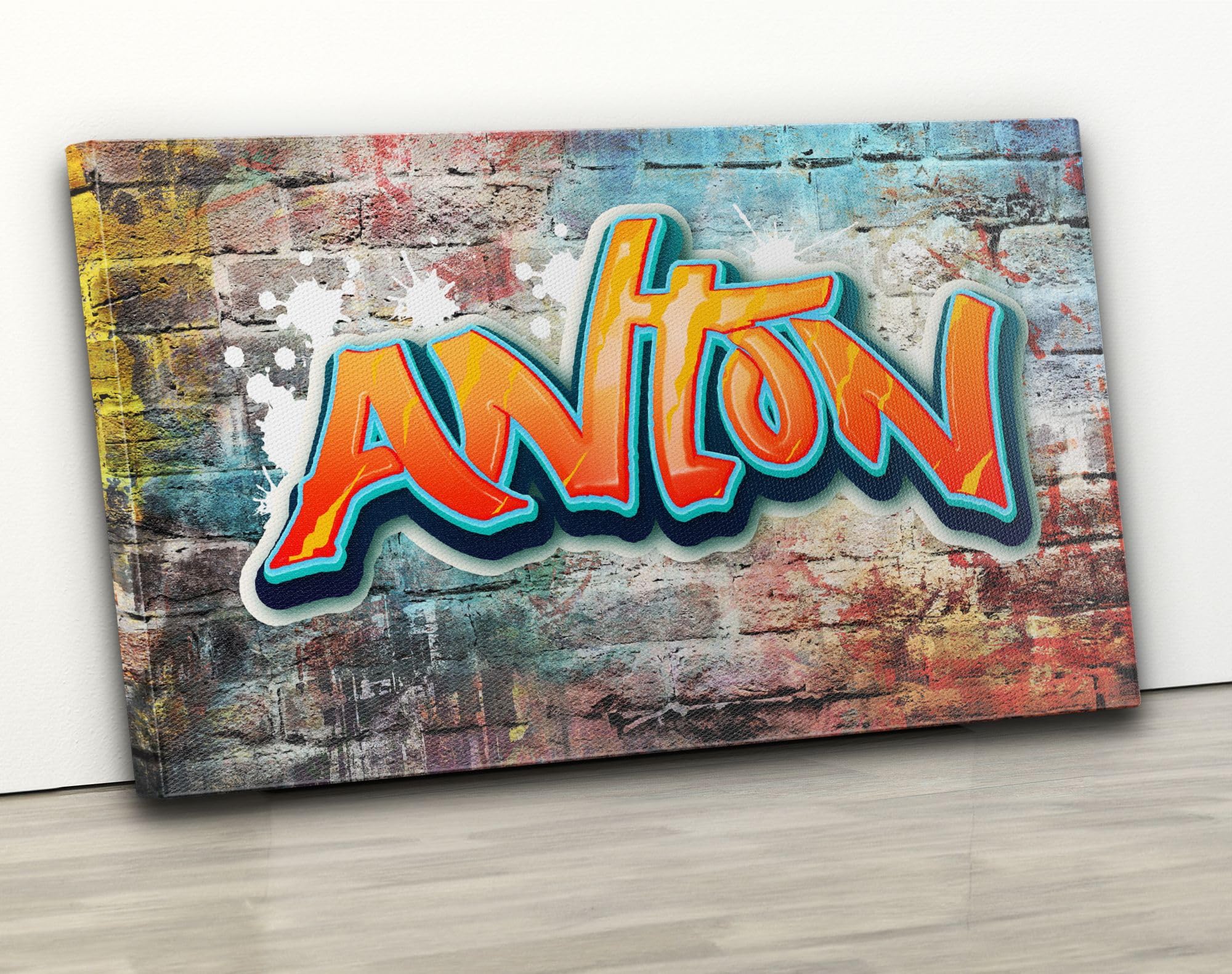 timalo® Kinderzimmer Leinwandbilder personalisiert mit Namen | Bild auf Leinwand Kinder Bilder für die Wand Wandbild xxl Bild fürs Teenager Jungenzimmer | 80 x 50 cm Graffiti Jungen Mauer