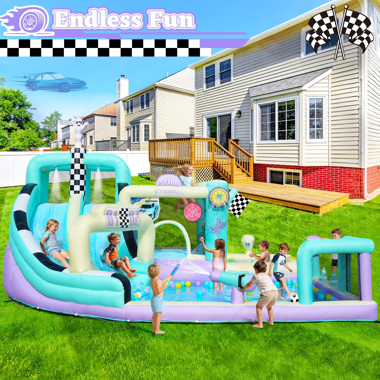 Castillo Inflable de Carreras para Niños, Gran Castillo Inflable 12 en 1 con Soplador de 750W, Doble Tobogán de Agua, Splash Pool, Zona de Salto, Apto para Interiores y Exteriores