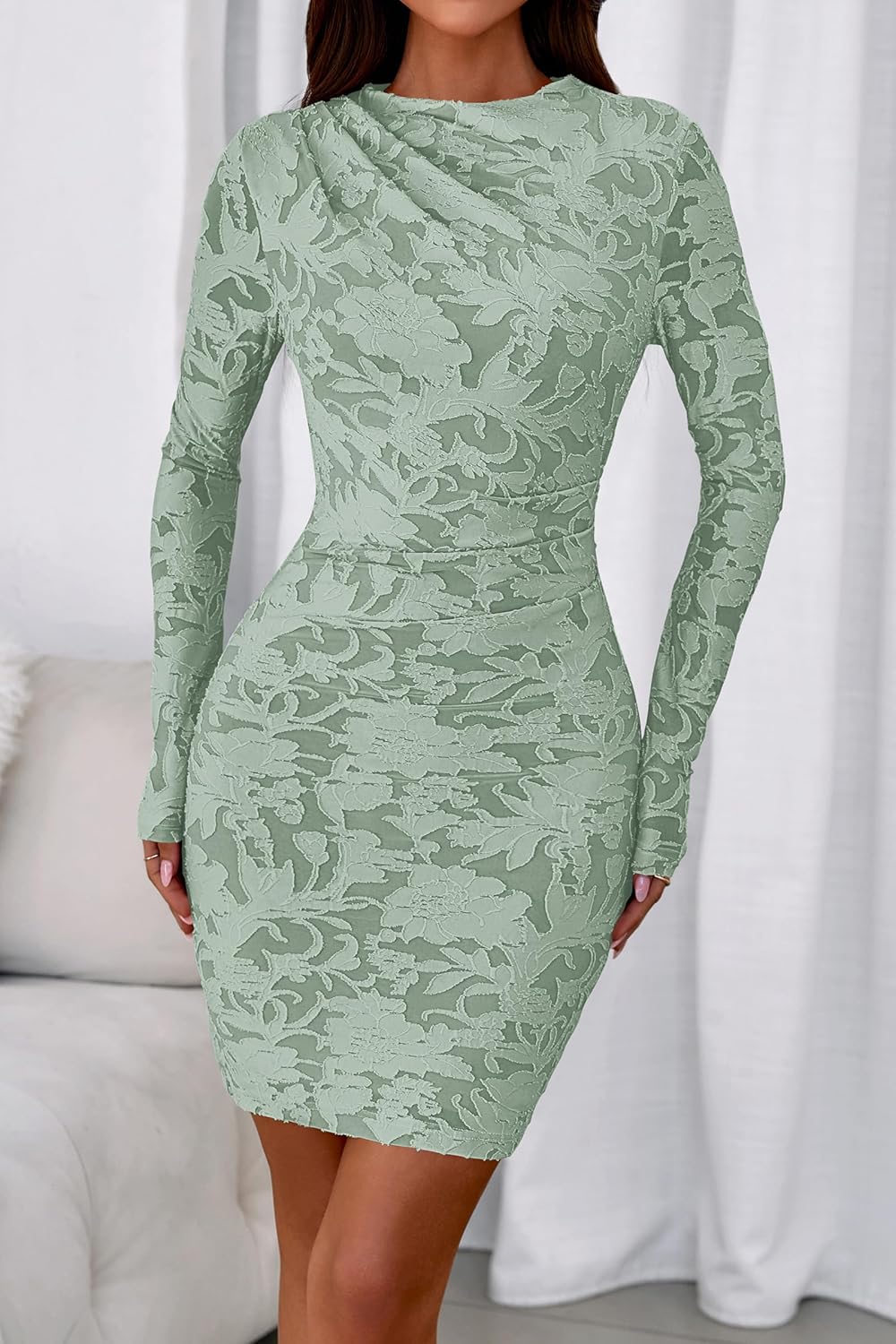 PRETTYGARDEN Women's Fall Bodycon Dresses 2026 Sexy Long Sleeve Ruched Lace Floral Mini Party Dress Tight Club Outfits - Image 4