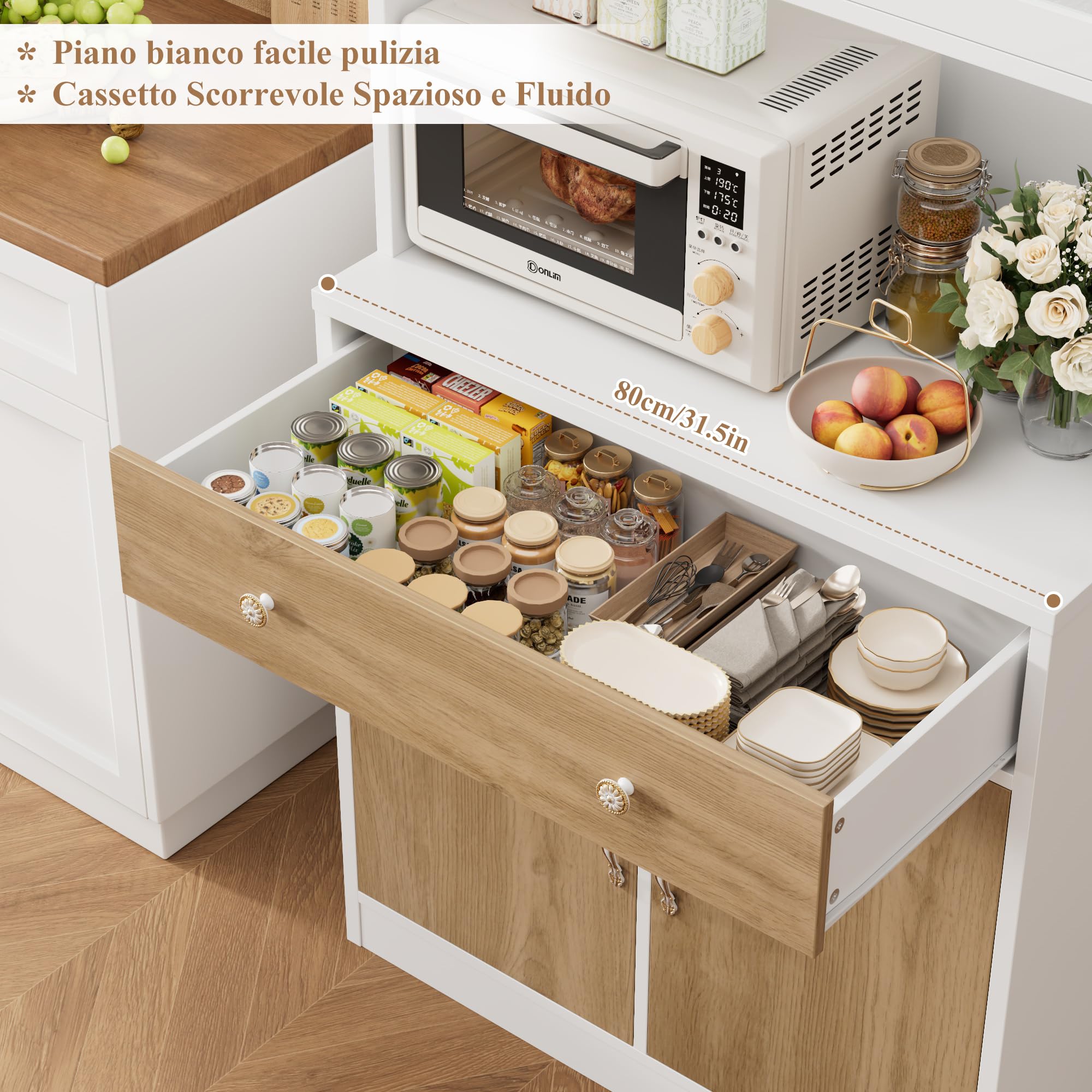HOCSOK Credenza Cucina 180 cm, Alta Dispensa Cucina, Vetrina con Ripiani Regolabili, 2 Porta in Vetro, Microonde con Ripiani Aperti e Cassetti, Mobile Soggiorno