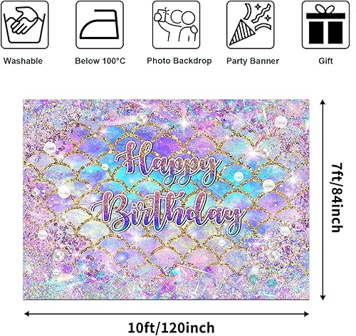 Miniatura 7 de Avezano Telón de fondo de sirena de cumpleaños con escamas doradas con purpurina, fondo para fiesta de cumpleaños bajo el mar, decoraciones de