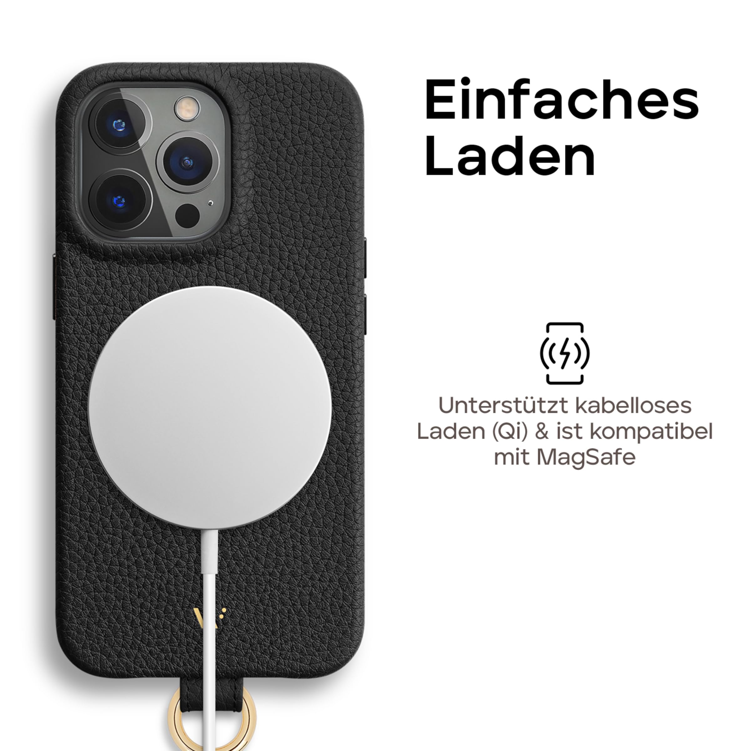 WIIUKA Etui do iPhone 14 Pro, skórzane etui z Niemiec, skórzane etui na telefon komórkowy, etui premium, etui na telefon komórkowy, etui, łańcuszek do zawieszenia, czarne