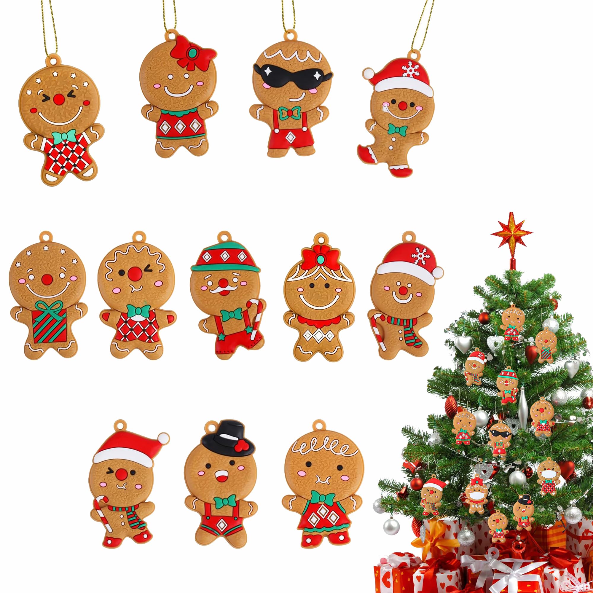 BIGTHREE 12 Pack Gingerbread Man Ornaments for Christmas Tree, Hanging Ornaments for Christmas Tree Decoration, Gingerbread Figures with Cords, House Decor Holiday Indoor Decorations