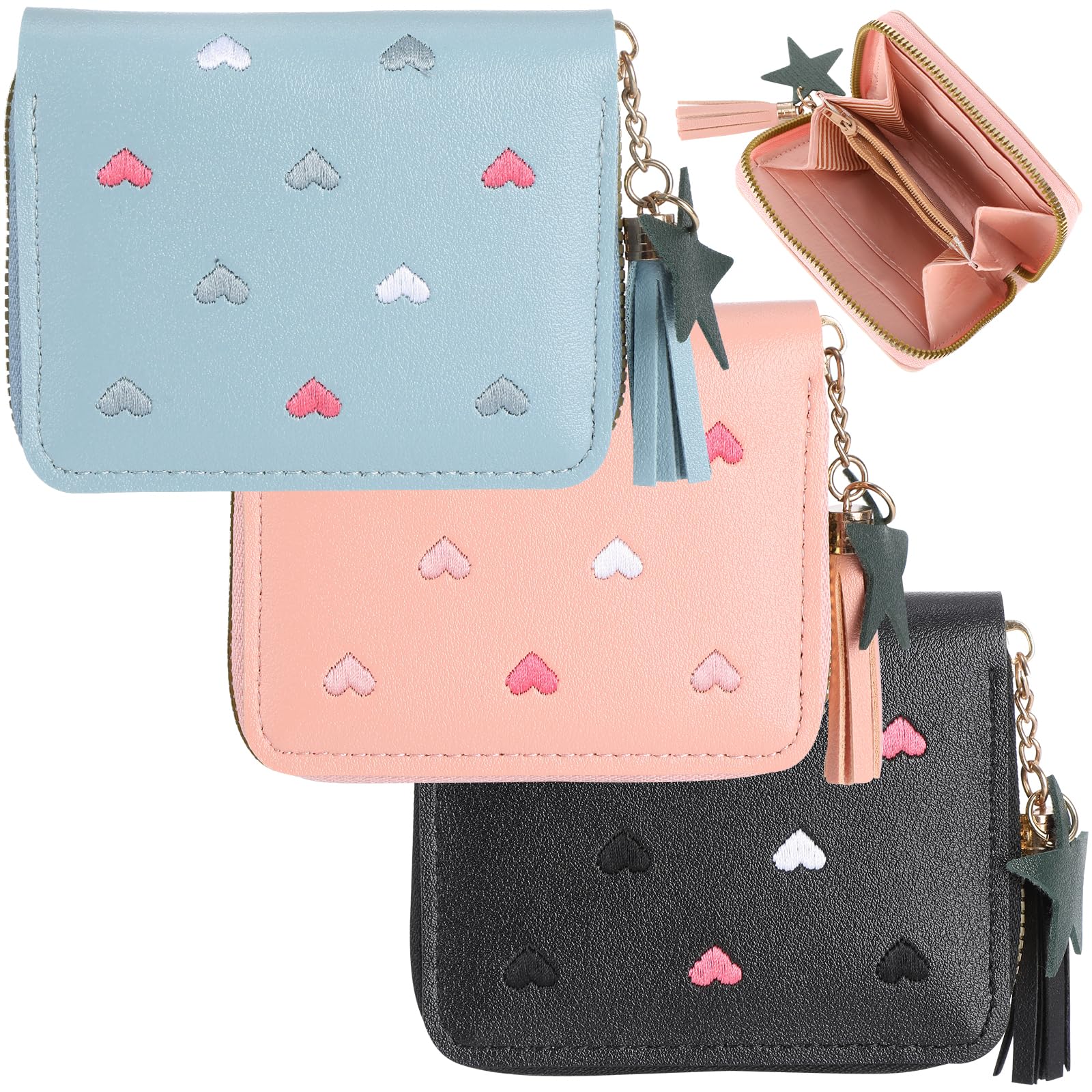 Lot de 3 porte-monnaie pour fille - En cuir synthétique - Avec pompon et fermeture éclair - Pour adolescentes et femmes (bleu, rose, noir)