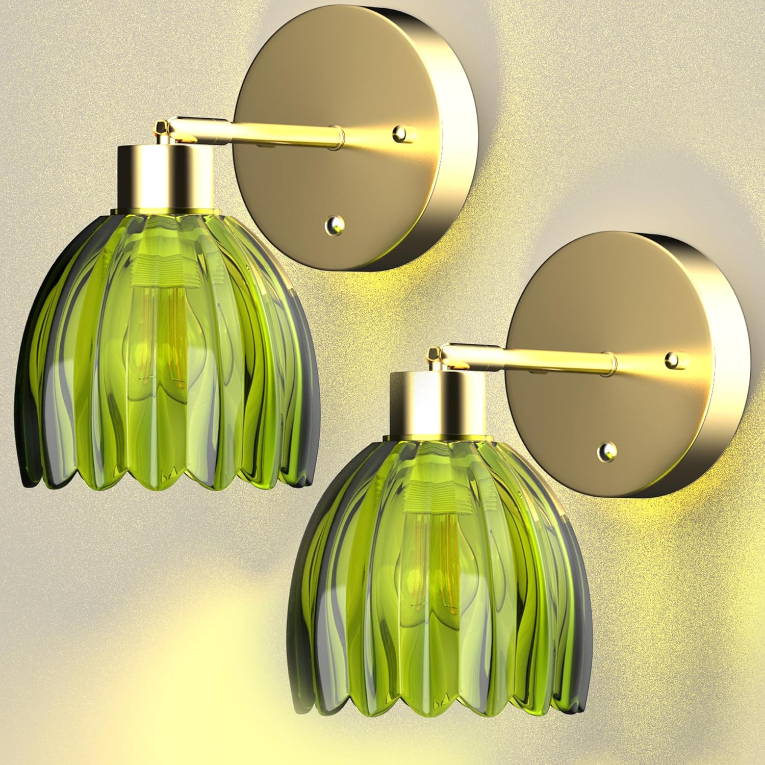 Wall Sconces Set of 2 Battery Operated | Tulip Glass Wall Lamps Rechargeable 5200mAh Wireless Wall Sconce Dimmable for Bedroom Living Room Hallway, Elegant Green Tulip Lampshade Wall Decor