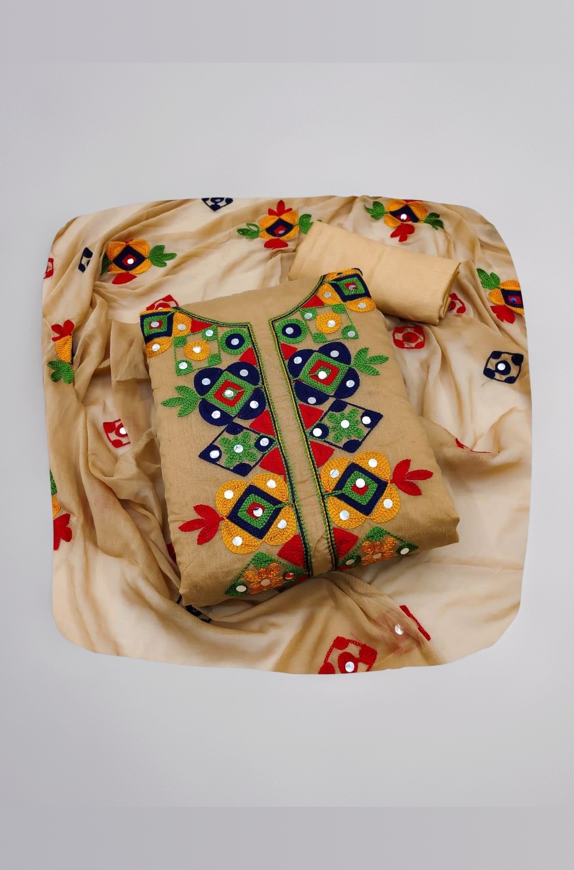 EthnicJunction Women's Rajasthani Mirror Work Chanderi Embroidery Unstitched Salwar Kameez Dress Material