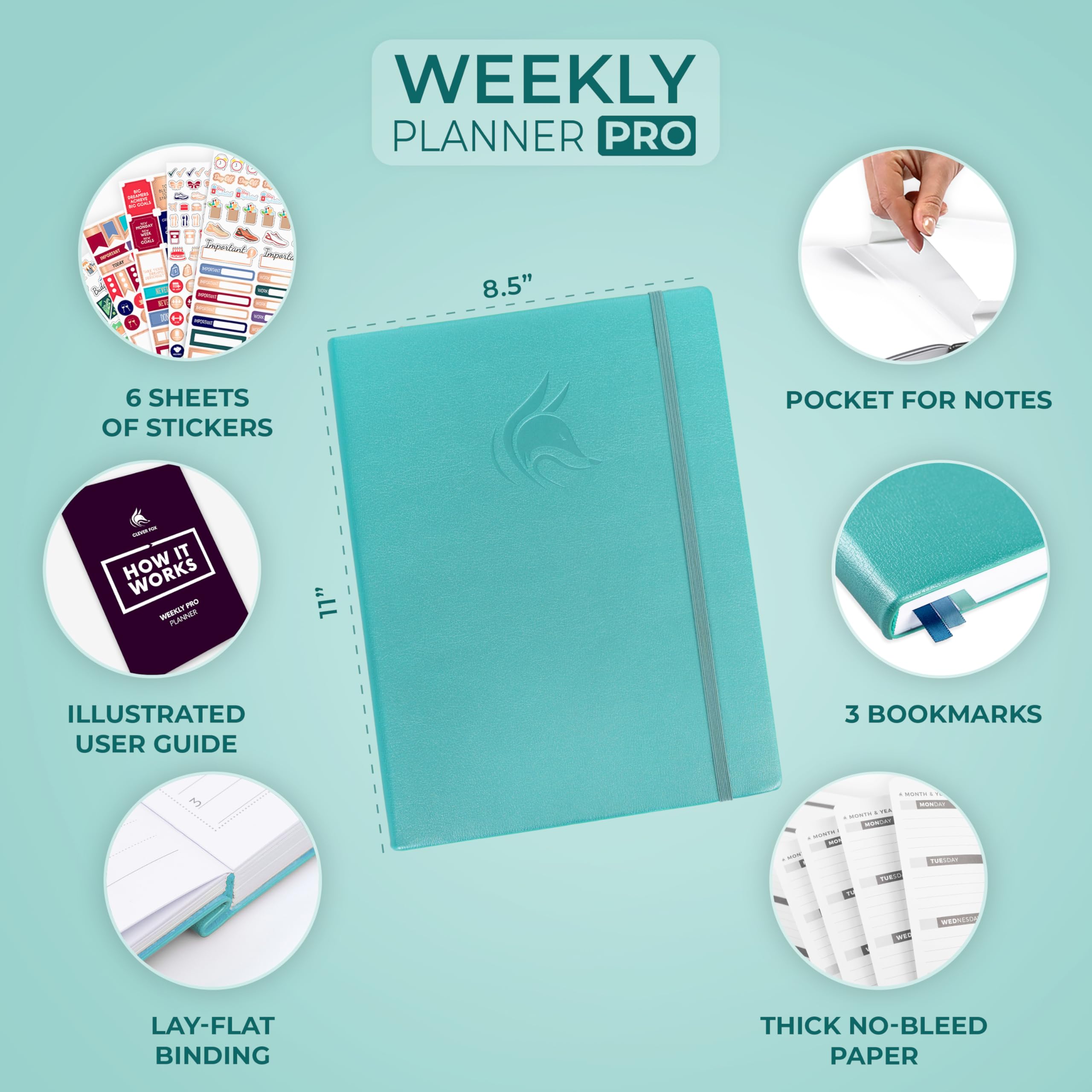 Clever Fox Planner PRO - Planner Settimanale/Mensile. Per aumento della tua produttività, Gestione del Tempo e raggiungere i tuoi obiettivi - Organizer, dura 1 anno - A4, Senza Data - Aquamarina
