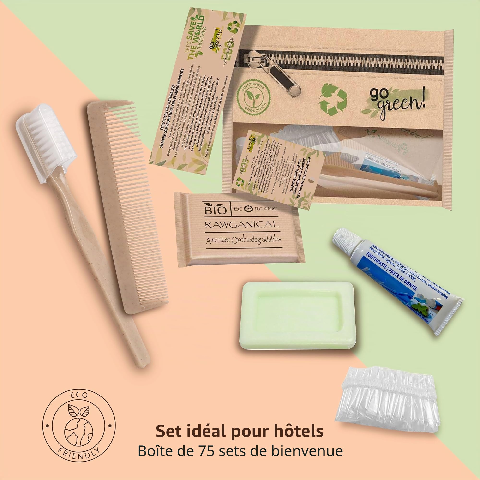 75 Ensembles de bienvenue d’hôtel 5 pièces| 100% écologique| Trousse de toilette Bio Eco| Ensemble d'hygiène personnelle d'hôtel écologique | Kit de bienvenue d’hôtel.