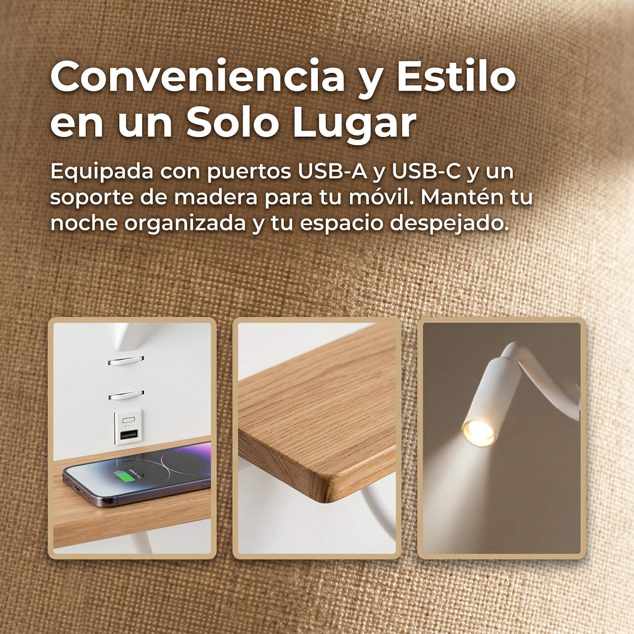 BARCELONA LED applique da parete con paralume in tessuto BEIGE, USB e USB-C ricarica, mensola in legno, luce lettura LED E27, stile naturale retrò industrial moderno minimalista classico camera