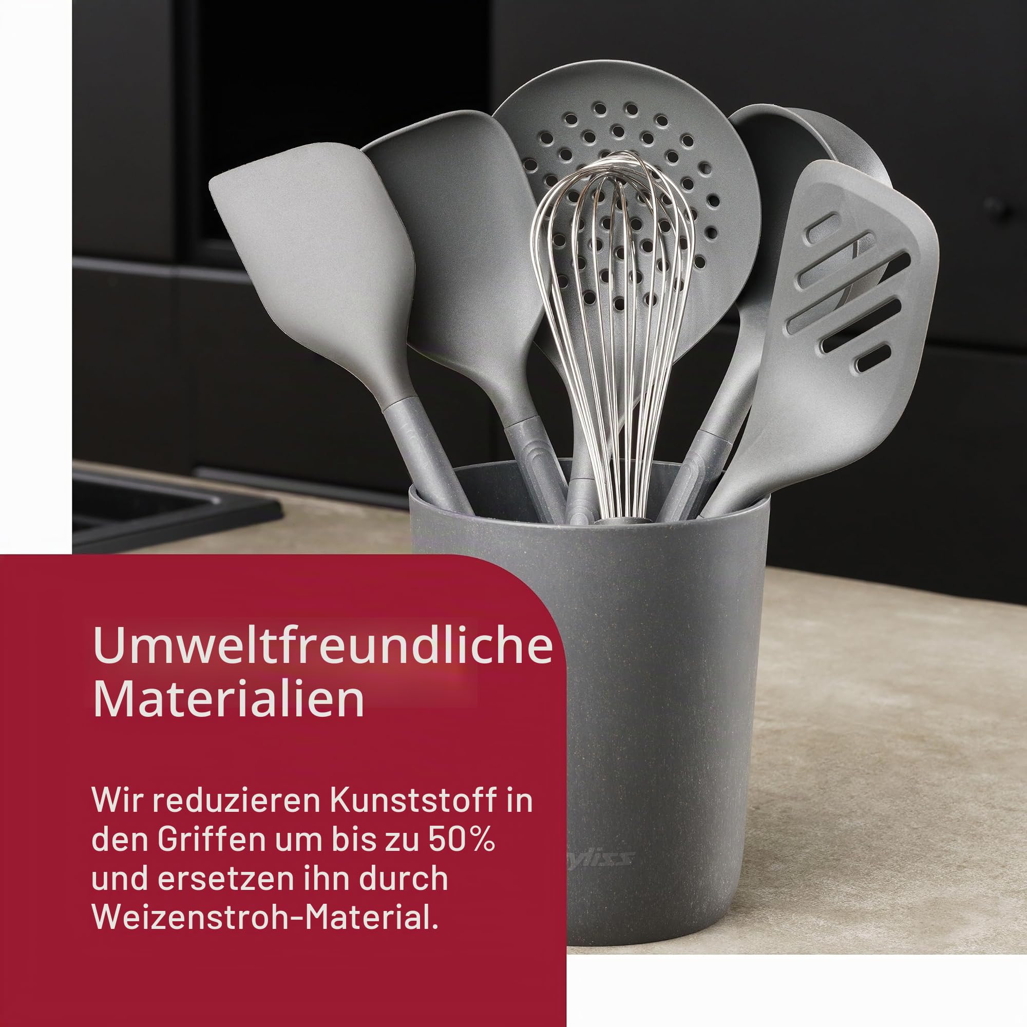Zyliss E980244 7-teiliges Küchenhelfer-Set mit Aufbewahungsbehälter, Silikon/Nylon/Weizenstroh/Edelstahl, Grau, Schöpfkelle, Pfannenwender, Spatel, Kochlöffel, Schaumlöffel, Schneebesen