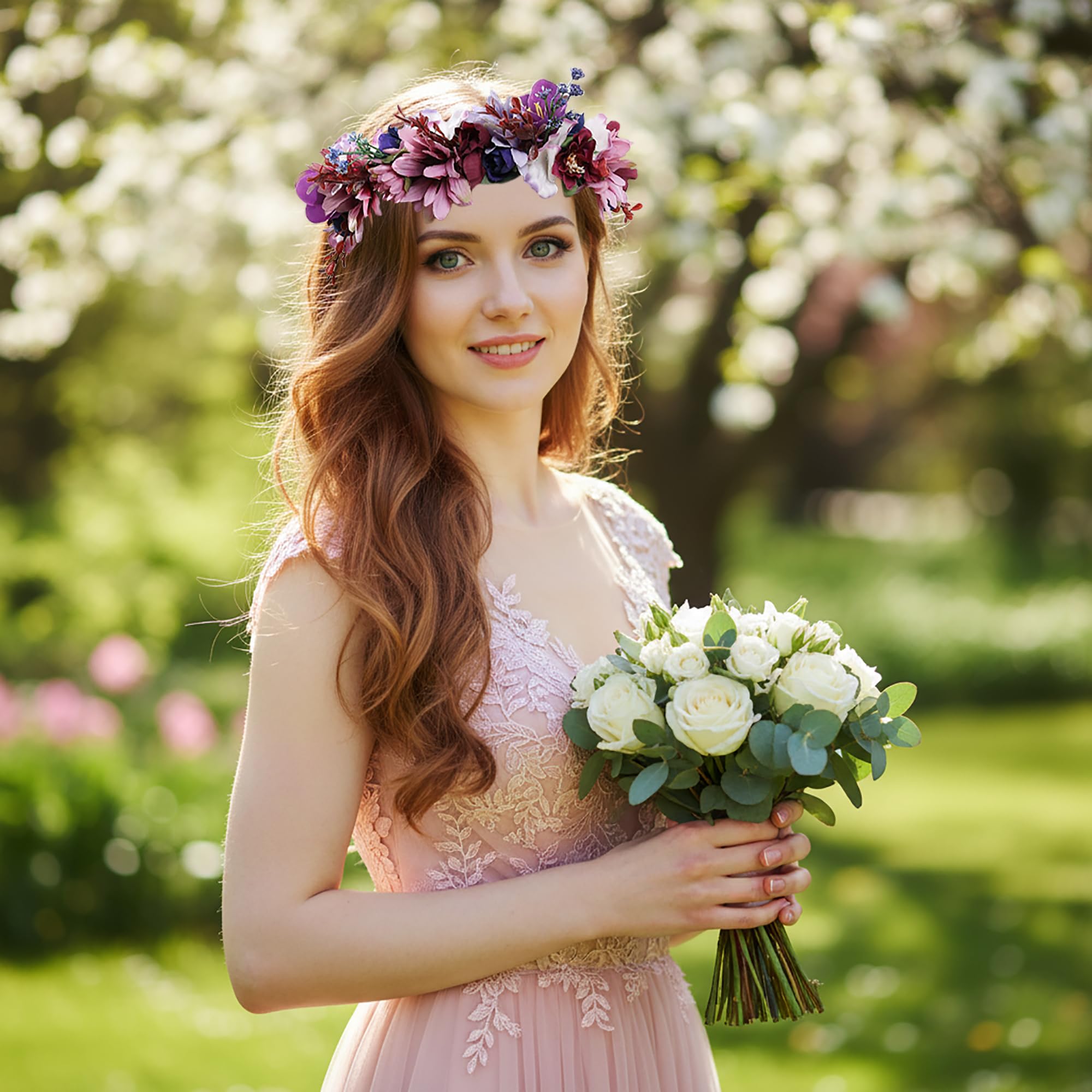 Blumenkrone für Damen, Boho-Blume, Haarkranz, Blumenkranz, Halo-Kopfschmuck mit Band, Hochzeit, Party, Fotos, Lila