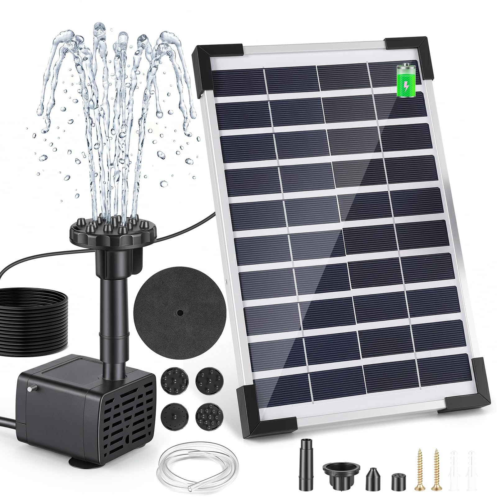 Solar Springbrunnenpumpe 8W mit 3600mAh Akku, Solar Wasserpumpe für Gartenteich Vogelbad, Outdoor Wasserspiel Kit mit 6 Düsen & Trockenlaufschutz, Max Flow 380L/H für DIY Wasserfall Dekor