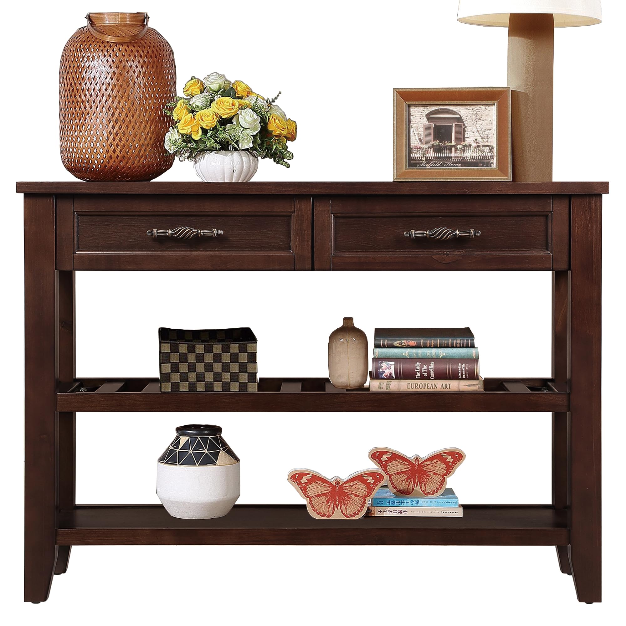 Solid Wood Console Table Sofa Tables with Drawers and Shelves Small Entryway Table for Living Room,Decorative,Foyer(42" Espresso)