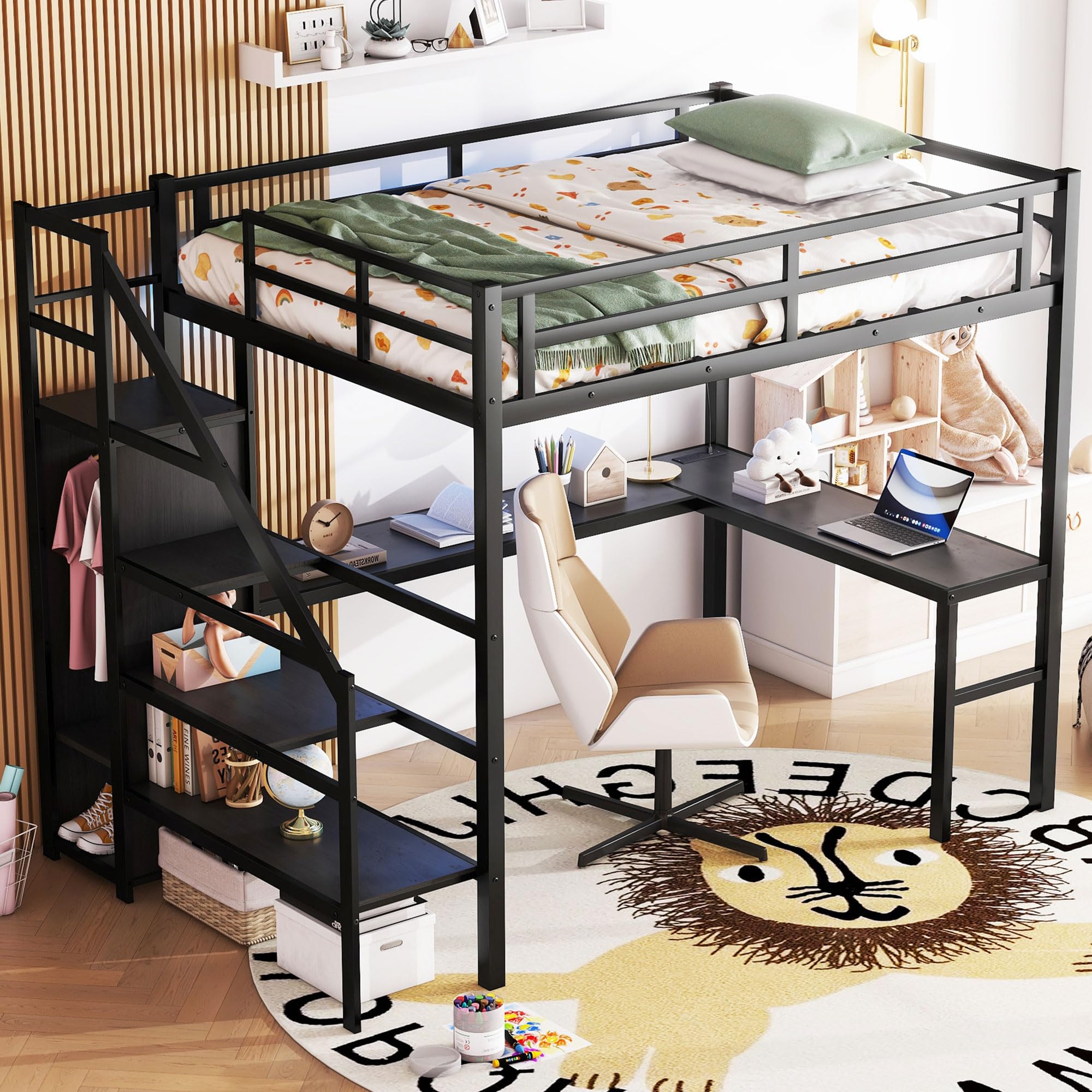 Photo 1 of Full Size Loft Bed with Desk and Storage Shelf, Full Size Loft Bed with Stairs and Wardrobe, Full Loft Bed with Charging Station and RGB LED Light