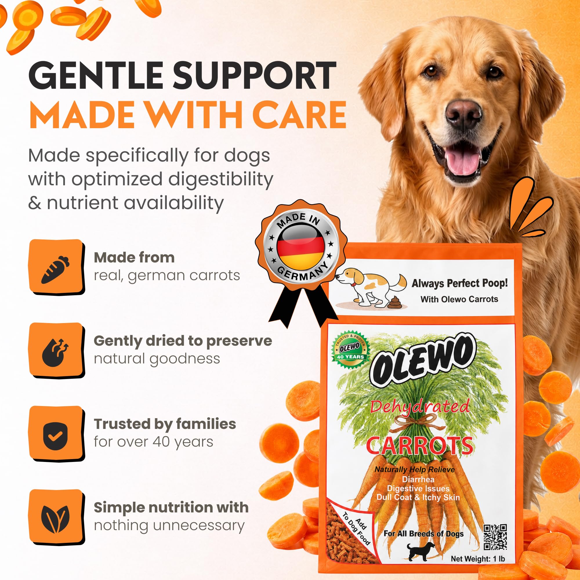 Olewo Carrots Dog Food Topper for Digestive Support & Firm Stools 1 lb | Real-food digestive support. Whole-food alternative to powders blends & synthetic supplements. Made in Germany. product thumbnail 4