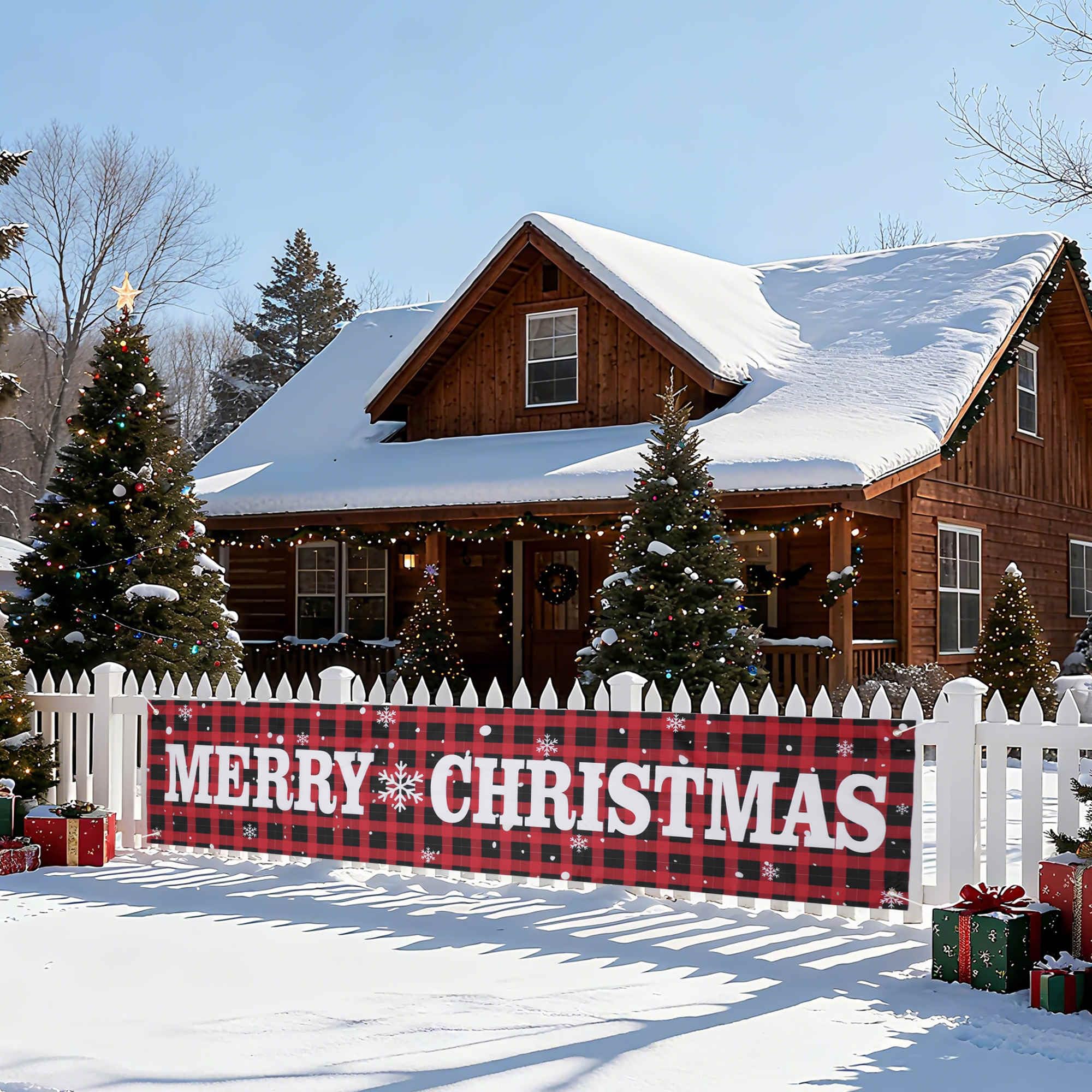 Gyrodymix Merry Christmas Banner 5.9x1.3ft Large Outdoor Christmas Decorations Red&Black Buffalo Plaid Xmas Holiday Yard Sign for Fence Lawn Home Party Decor