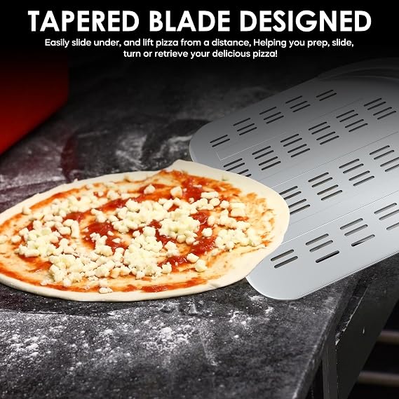 Pizza Peel 12'' Aluminum Perforated Launch Placement Retrieving Peel Metal Hanging Hook Lightweight Turning Peel Non-stick Pizza Paddle Outdoor Pizza Oven Accessories