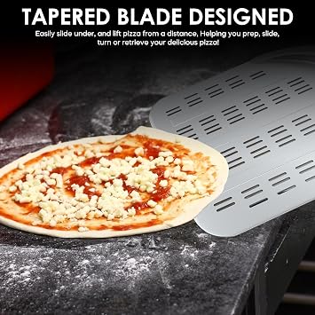 Pizza Peel 12'' Aluminum Perforated Launch Placement Retrieving Peel Metal Hanging Hook Lightweight Turning Peel Non-stick Pizza Paddle Outdoor Pizza Oven Accessories