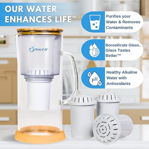 Miniatura 4 de Life IONIZER - Jarra de filtro de agua alcalina de vidrio con tapa de bambú inferior de acero inoxidable  Jarra de filtro de agua súper alcalina