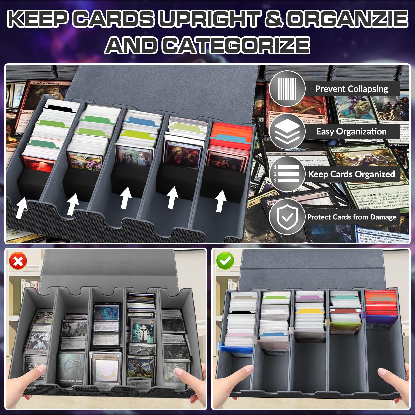 Scatola per Carte per Oltre 3600+ Carte, Scatole per Carte Collezionabili con 48 Divisori Colorato, 5 Blocchi in sSchiuma, 5 Fogli di Plastica, Scatole per Mazzi Magnetici PU per Carte(Nero Grigio)