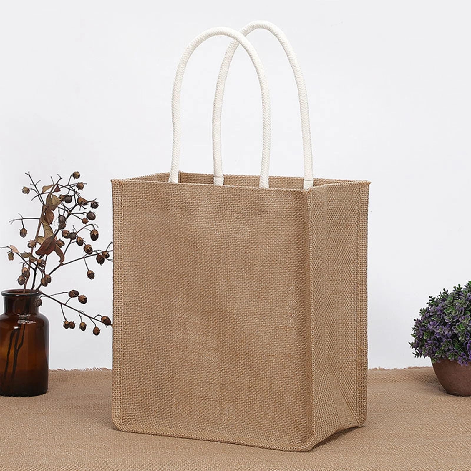 Torba na zakupy z juty, Torba z juty jutowej damska lniana Shopper duża letnia torebka plażowa przenośny uchwyt(38x27x16cm)