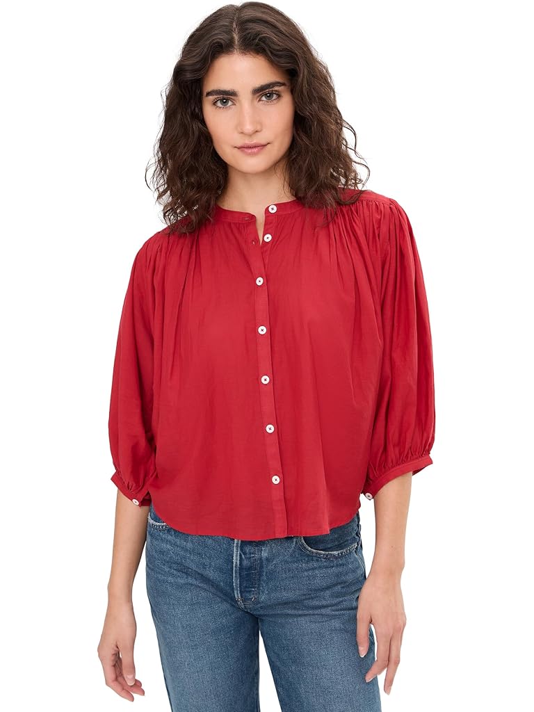 Red Madewell Shirred Crewneck Button-Up Top