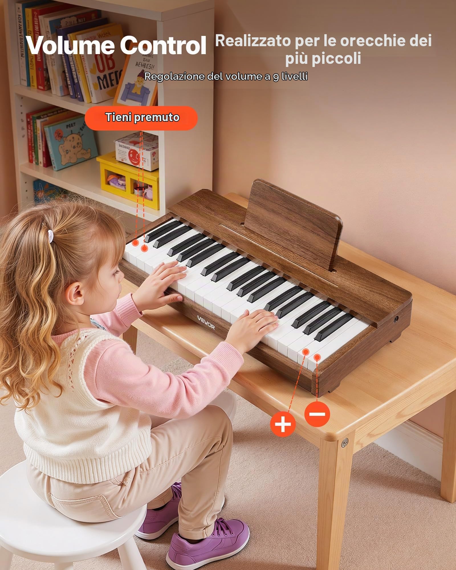 VEVOR Mini Strumento Musicale Giocattolo in Legno a 37 Tasti, Mini Strumento Musicale Giocattolo Educativo con Suono Realistico, Doppia Alimentazione, Volume Regolabile per Bambini Piccoli