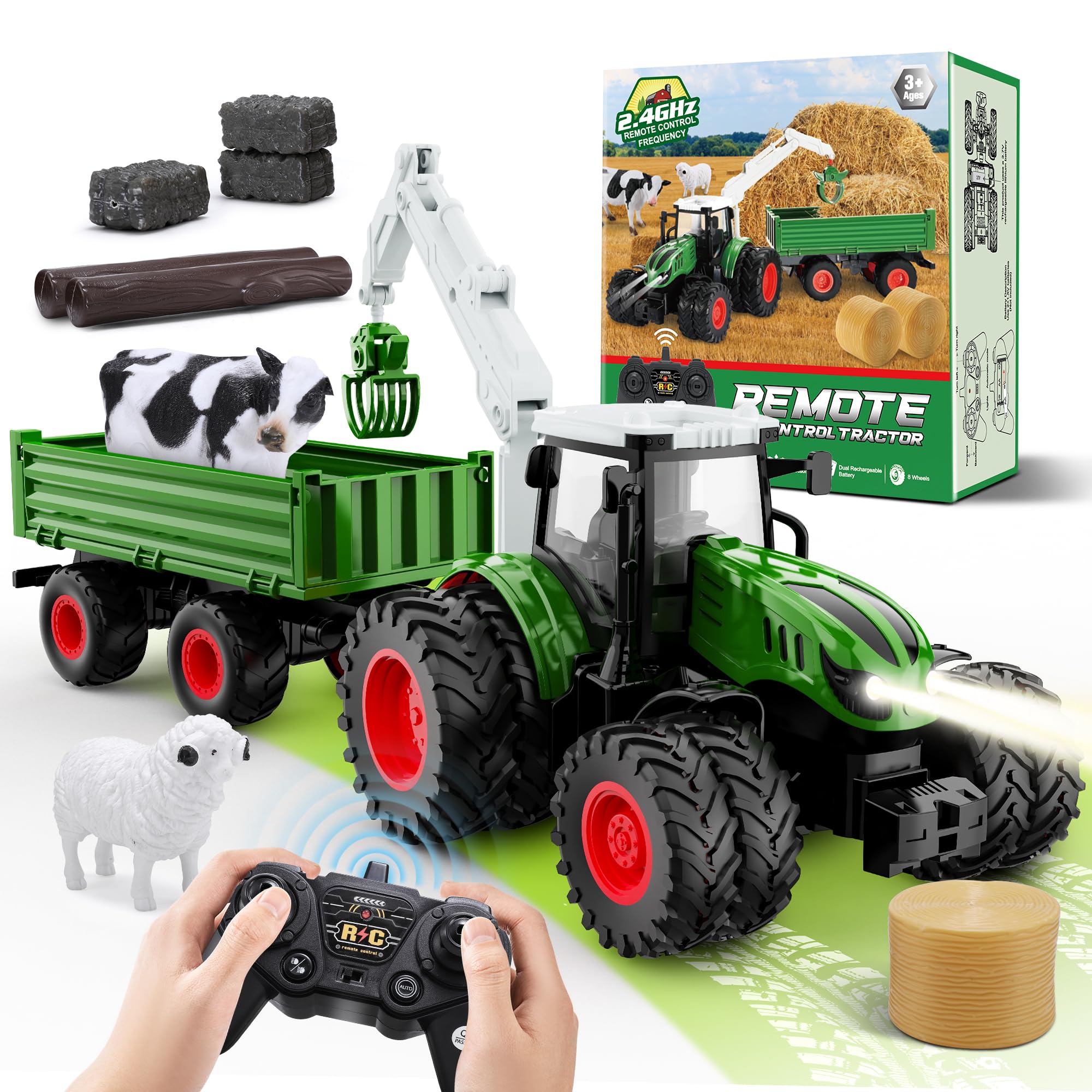HappyGoLucky Trattore Telecomandato per Bambini, 2.4GHz, 1:16 Camion Telecomandato Fattoria Giocattolo con Luce, Rimorchio, Regalo Bambino 3-12 Anni Maschio, Regali Natale Bambini 2025 Halloween